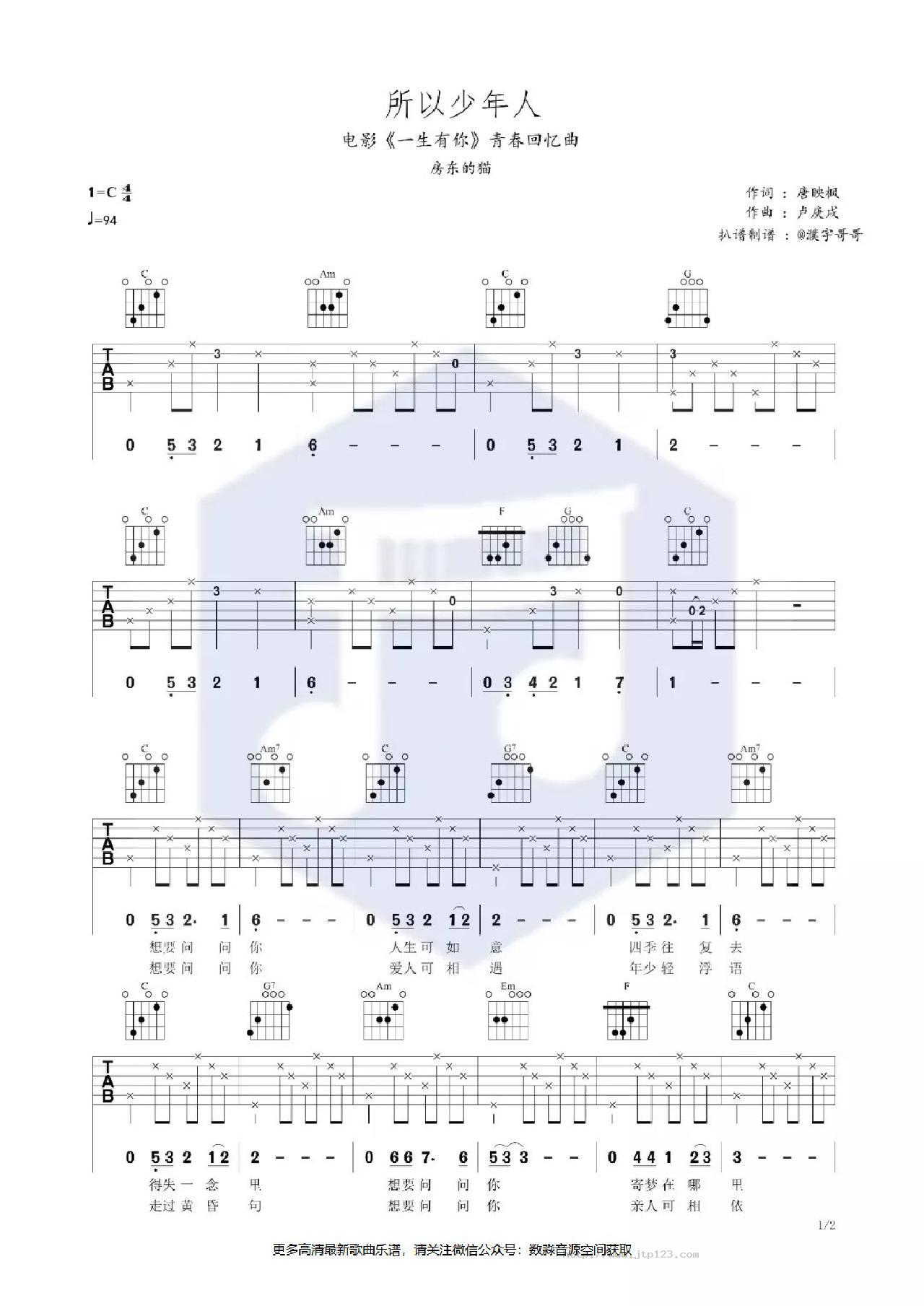 所以少年人吉他谱_房东的猫_C调和弦弹唱谱_图谱1