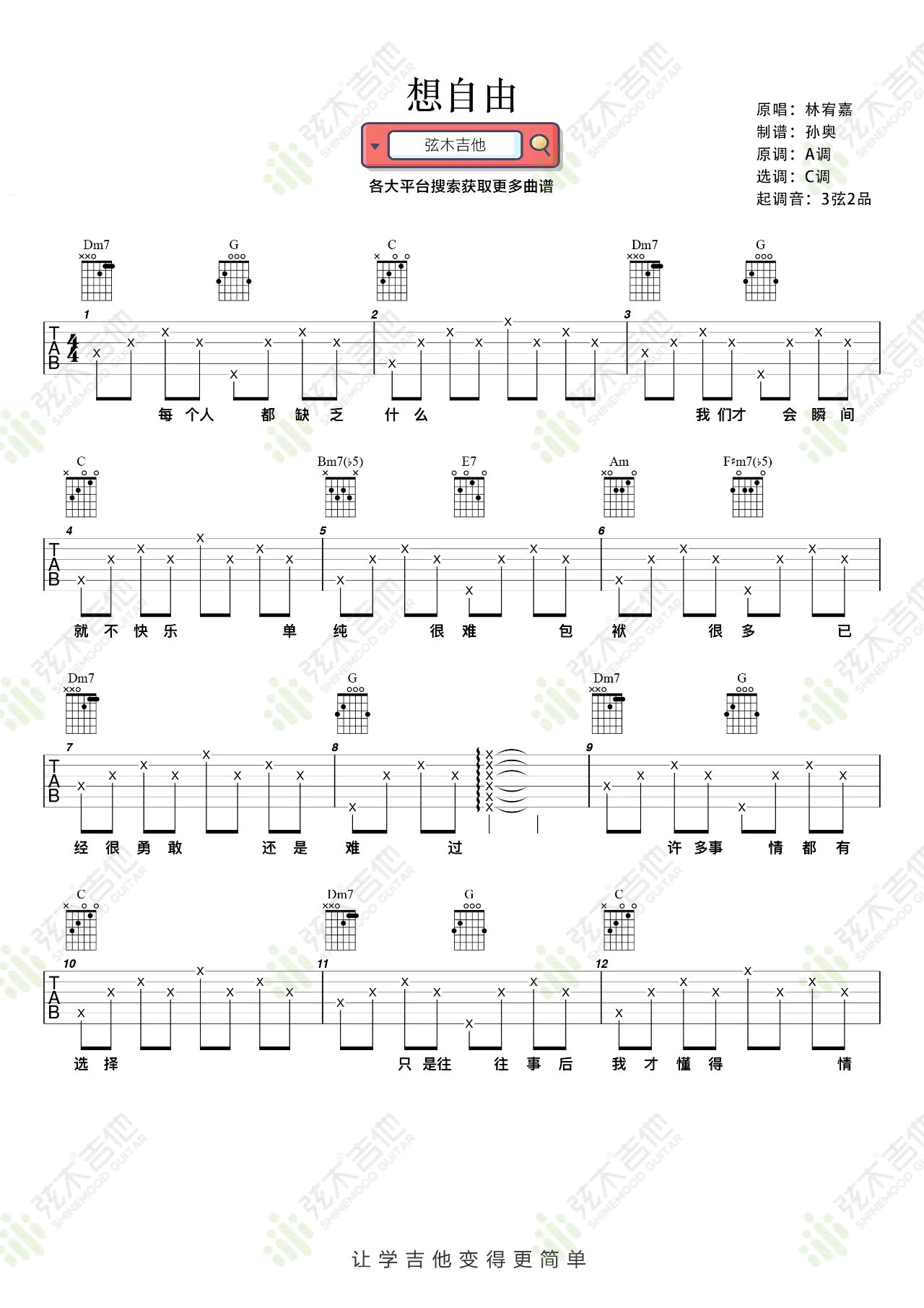 _想自由_吉他谱_C调弹唱谱_林宥嘉_弦木吉他制谱