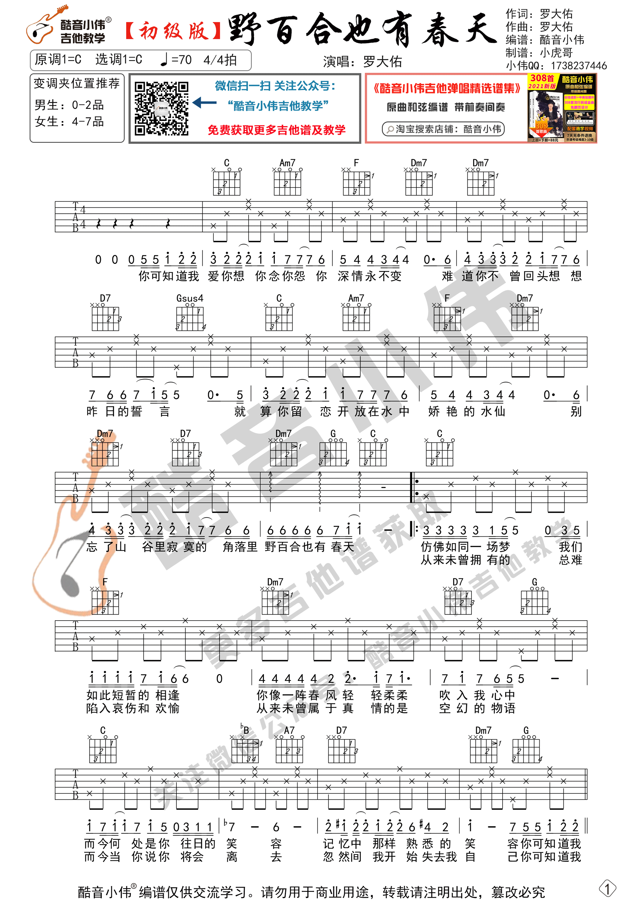 _野百合也有春天_吉他谱C调初级版_酷音小伟编谱_罗大佑