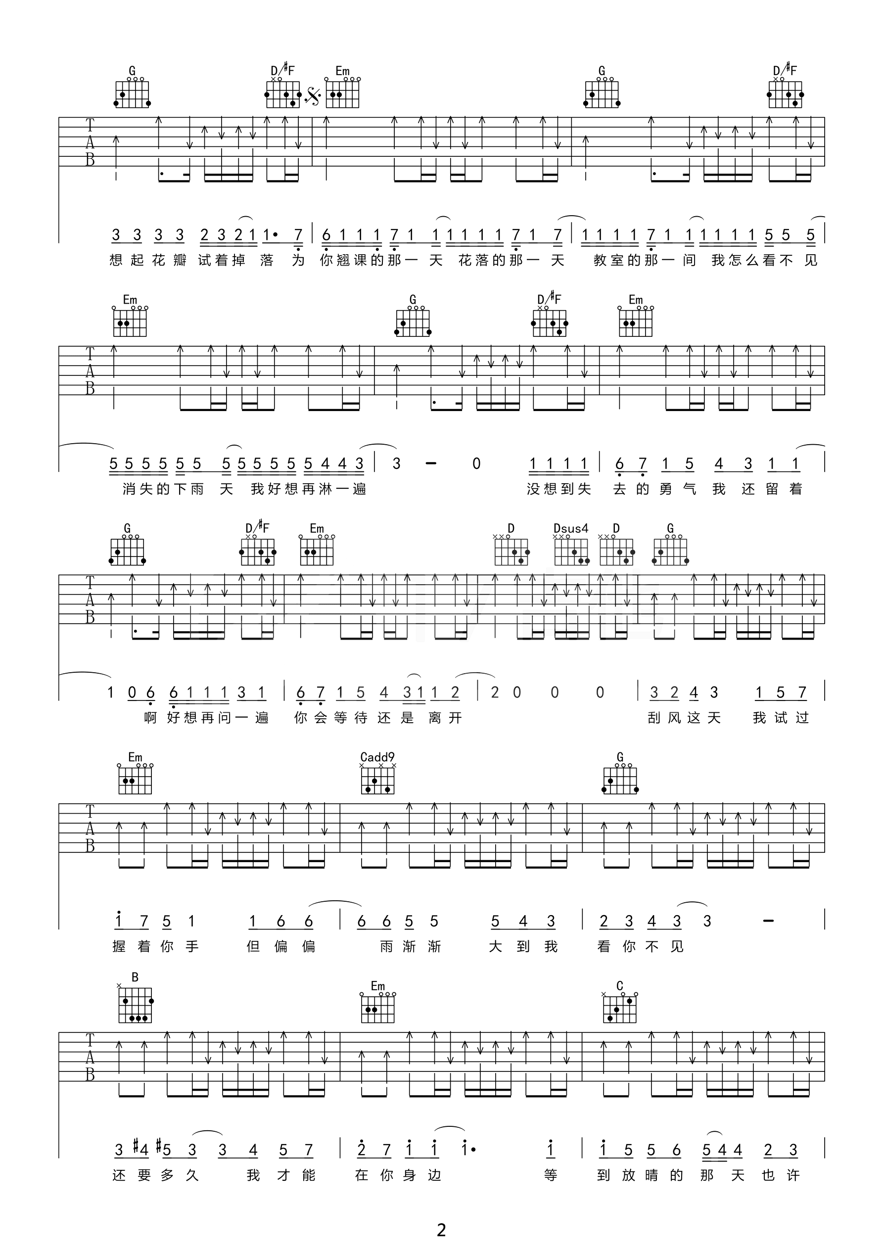 晴天吉他谱_G调高清六线谱_17吉他编配_周杰伦