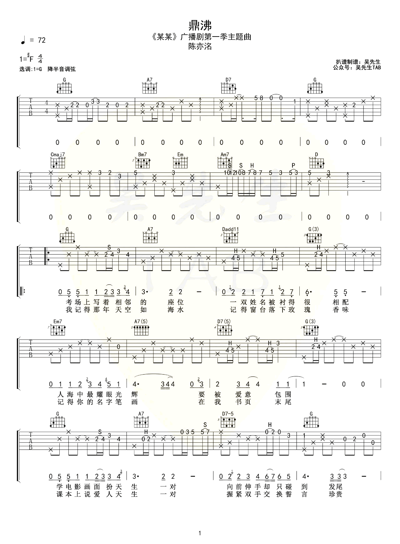 _鼎沸_吉他谱_G调弹唱谱_陈亦洺_吴先生TAB制谱