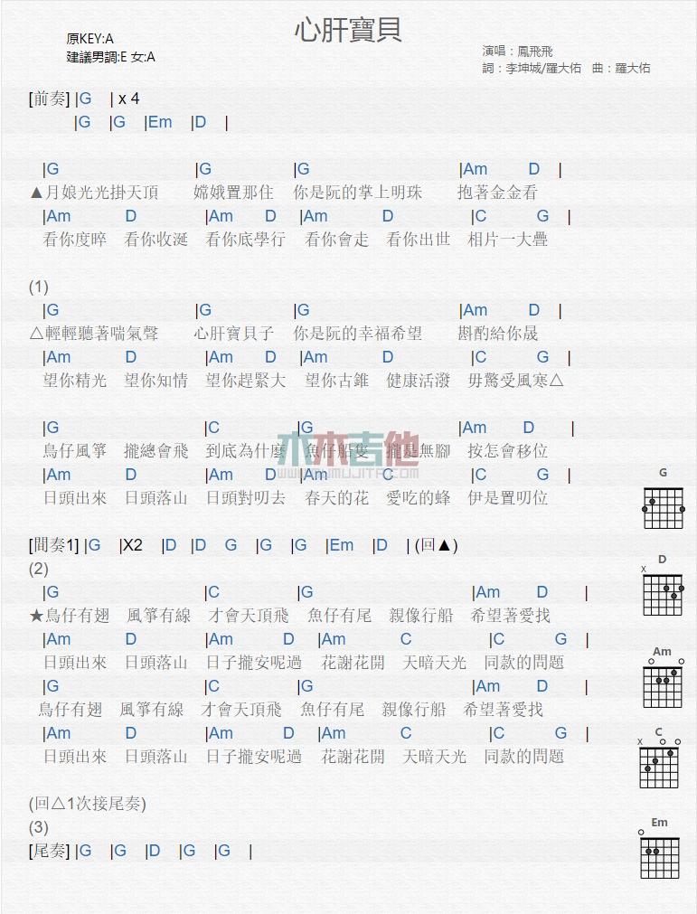 心肝宝贝_吉他谱_凤飞飞