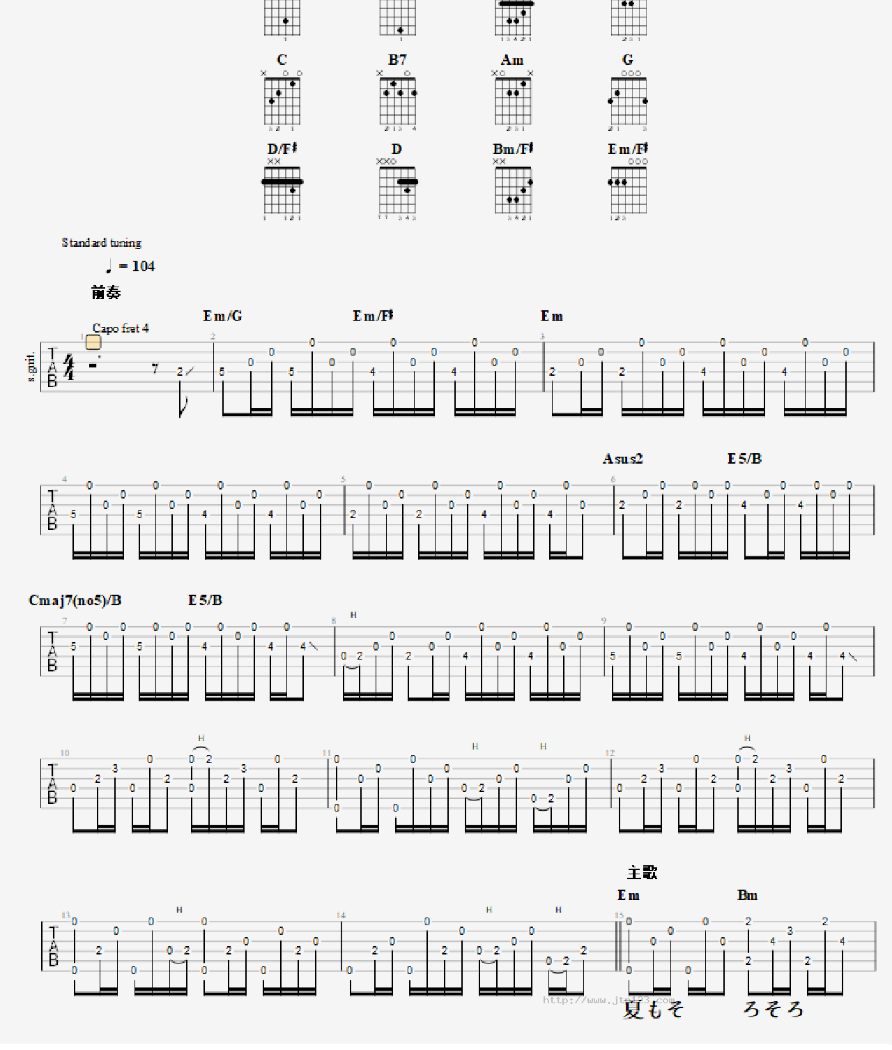 夏祭り吉他谱_长渕刚_C调指弹/独奏谱_前奏部分夏季祭祀）_图谱1