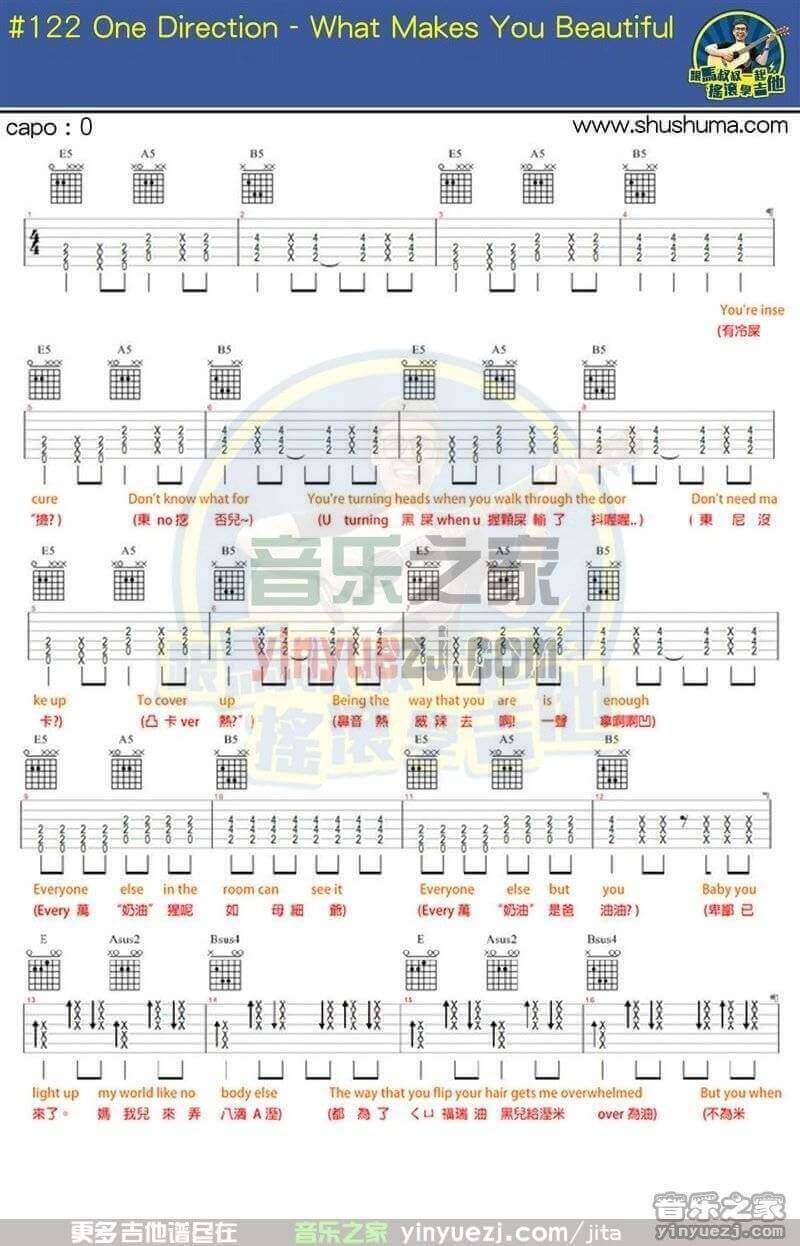 What_Makes_You_Beautiful吉他谱_E调_One_Direction