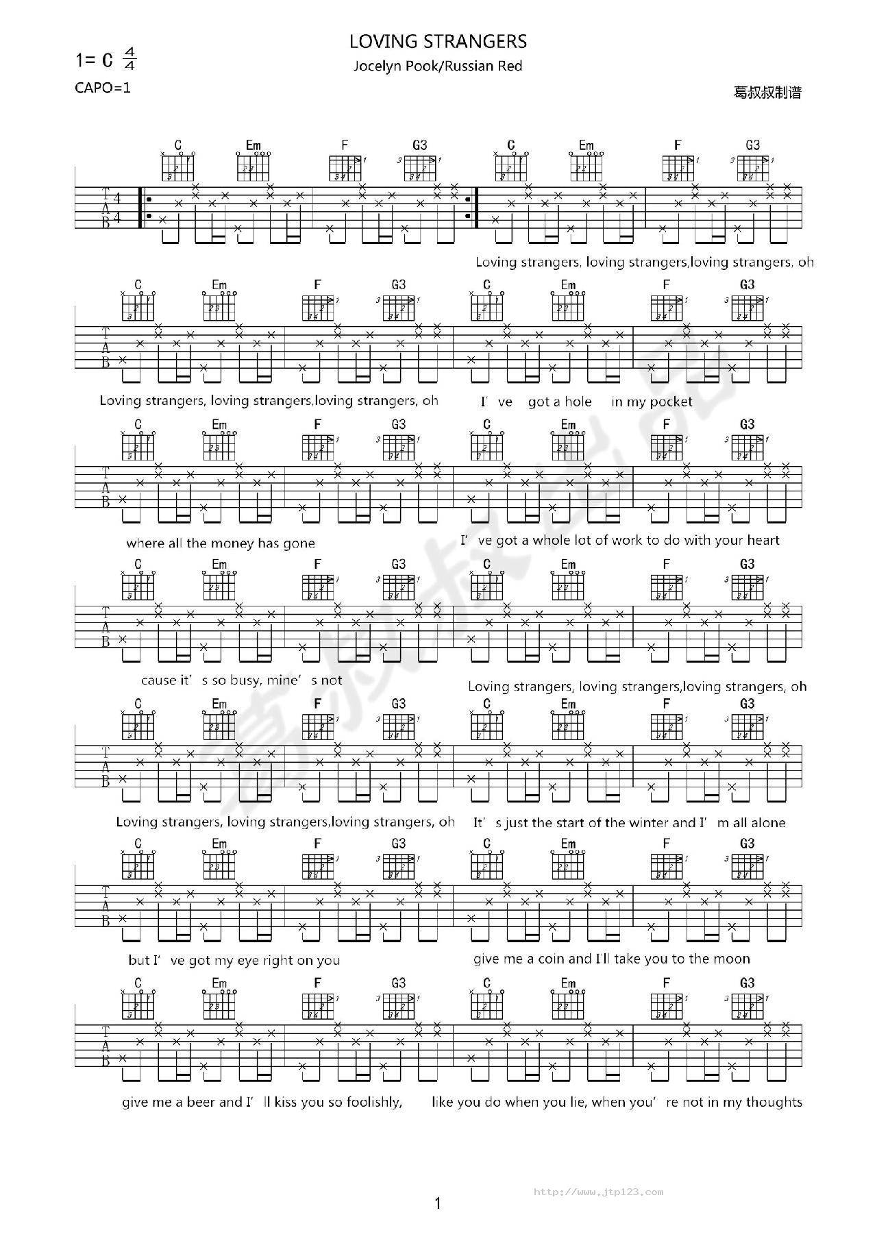 LovingStrangers吉他谱_RussianRed_C调和弦弹唱谱_图谱1
