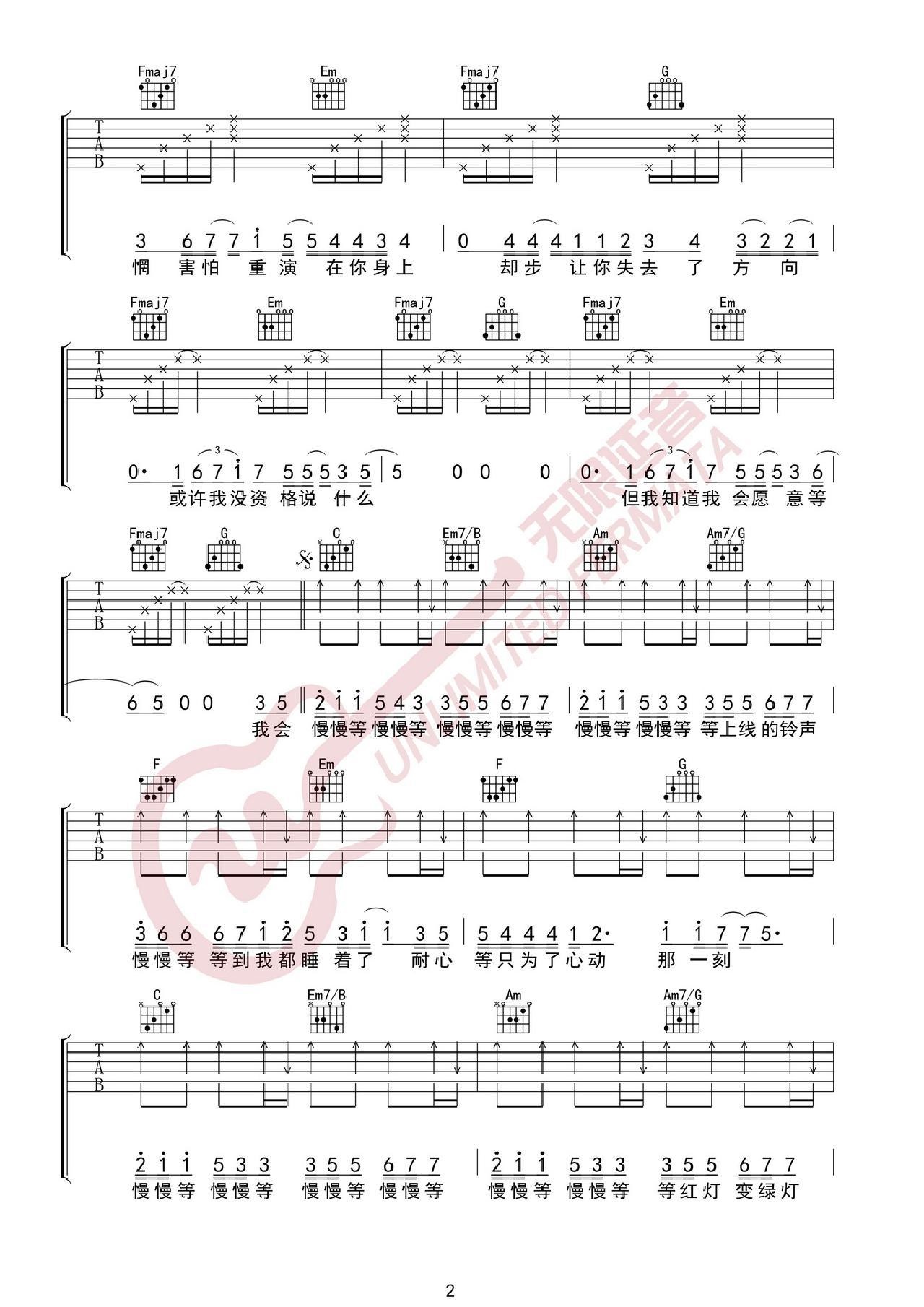 慢慢等吉他谱_韦礼安_C调和弦弹唱谱_图谱2