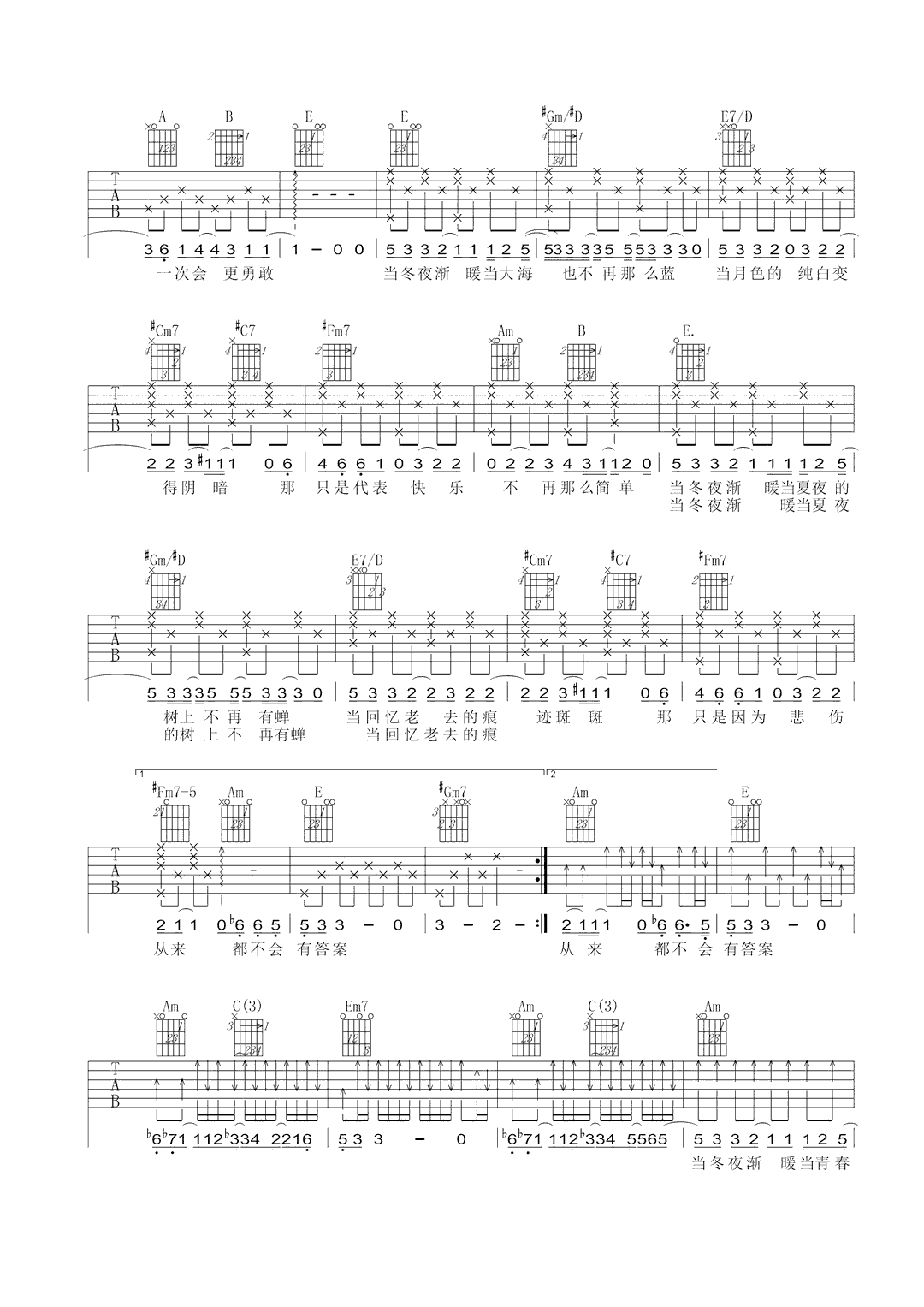 当冬夜渐暖吉他谱_孙燕姿_E调弹唱谱_吉他六线谱