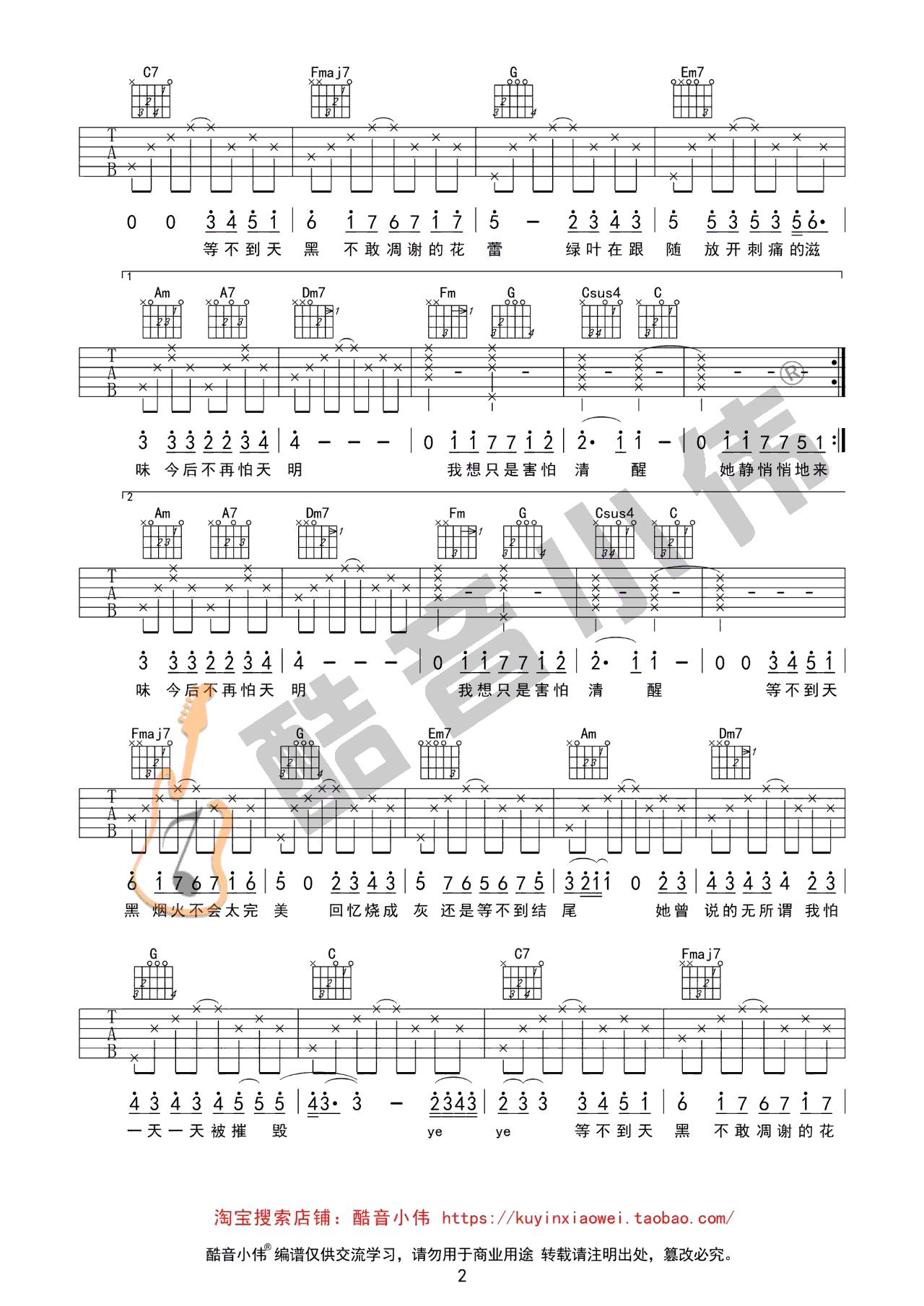 林俊杰_她说_吉他谱_C调简单版_弹唱六线谱