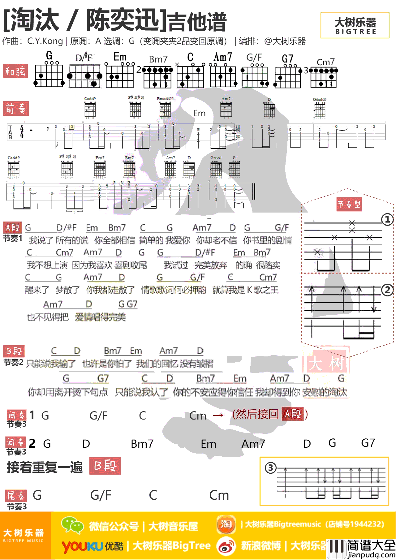 淘汰吉他谱_陈奕迅_G调弹唱谱__淘汰_吉他教学视频