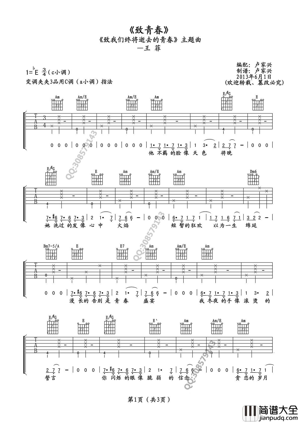 致青春吉他谱_王菲_C调弹唱谱__致我们终将逝去的青春_主题曲