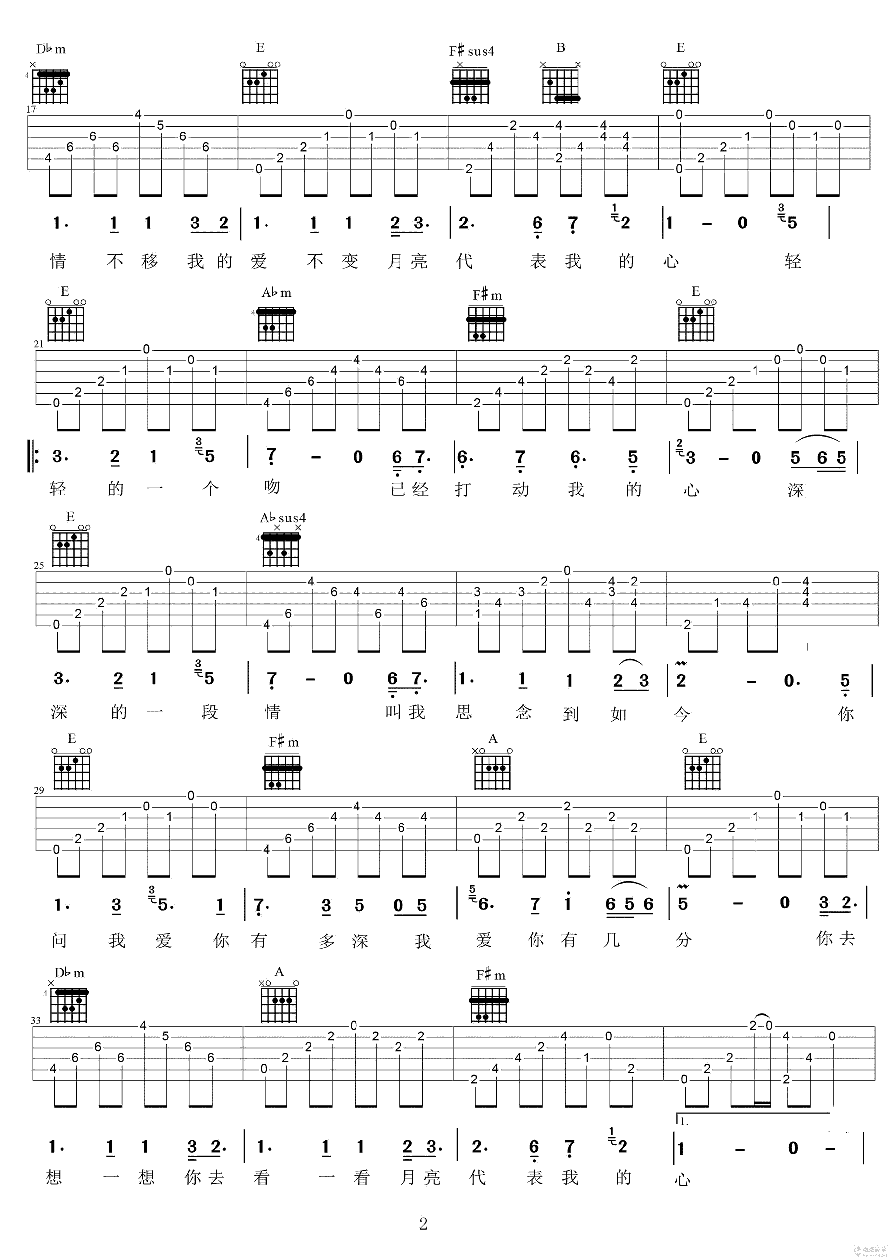 月亮代表我的心吉他谱_张国荣_E调弹唱谱_高清图片谱