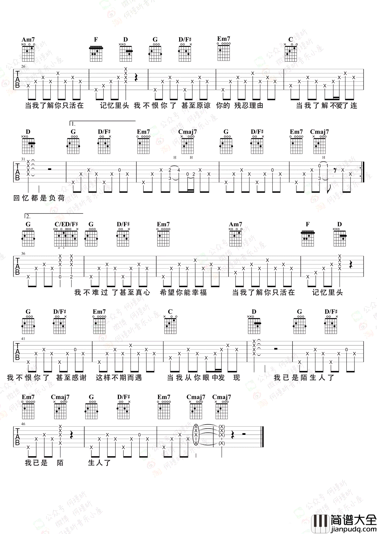 陌生人吉他谱_蔡健雅_G调弹唱谱_吉他示范视频