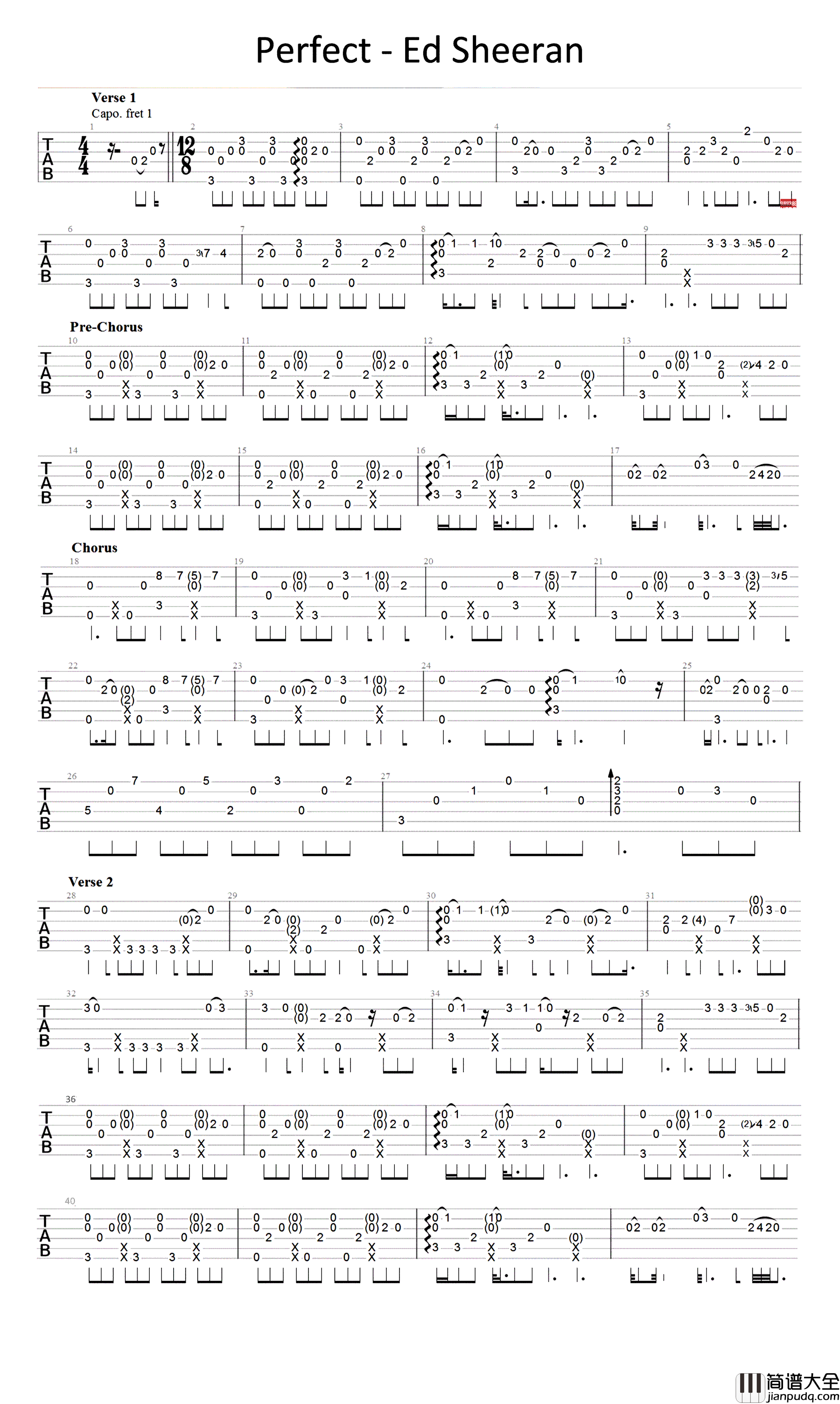 Perfect指弹吉他谱_Ed_Sheeran_Perfect_指弹谱简单版