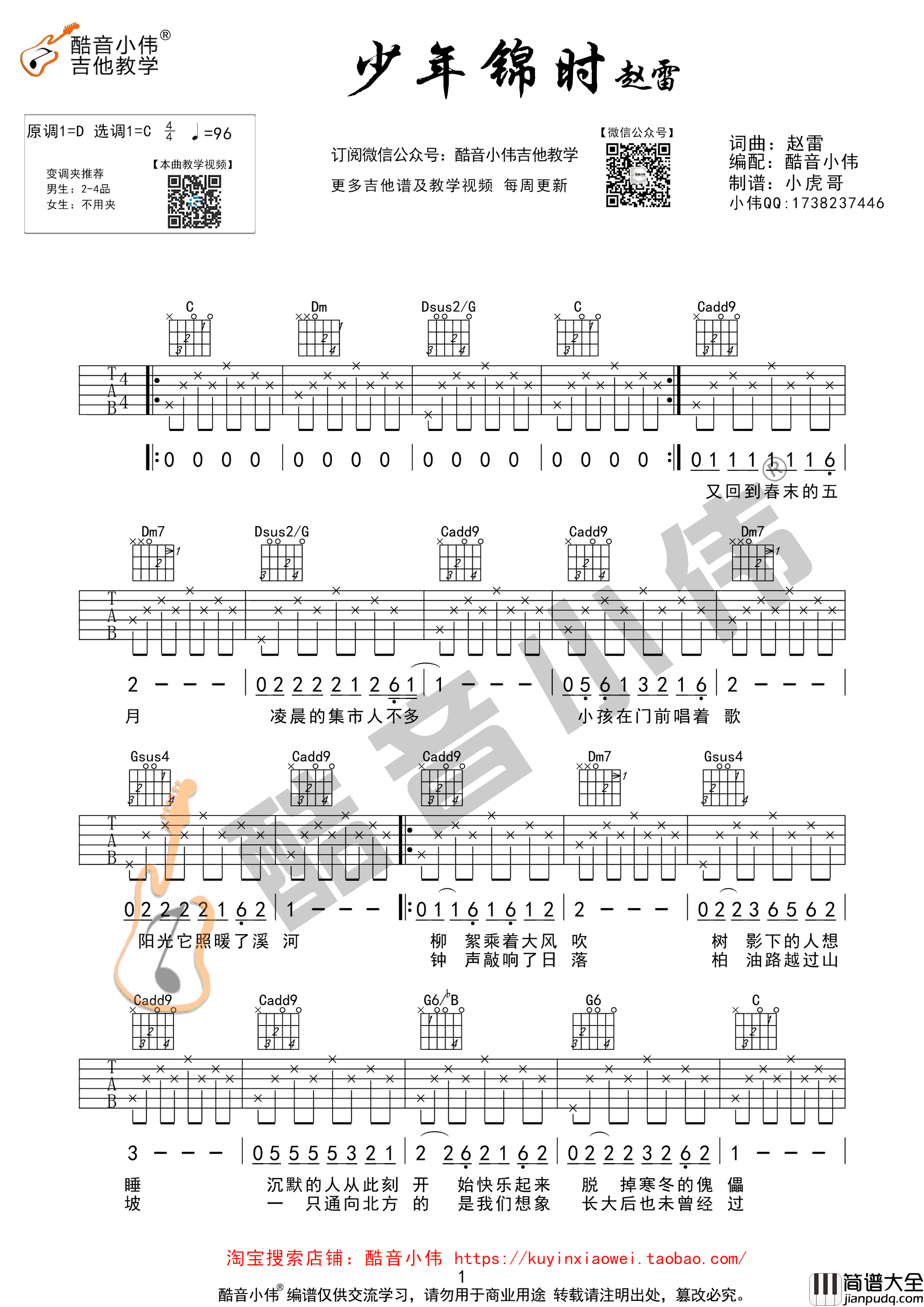 少年锦时吉他谱_赵雷_C调弹唱谱_吉他教学视频