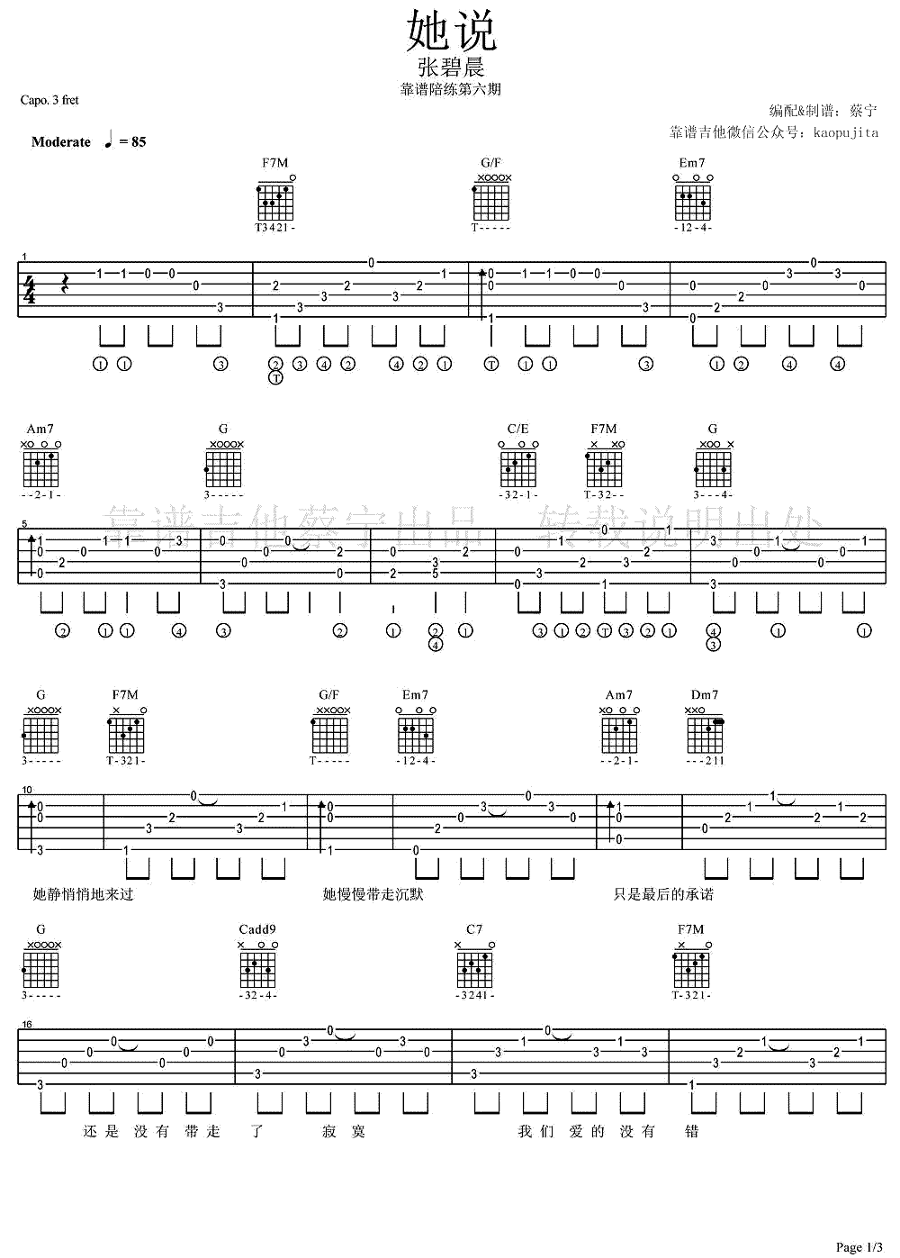她说吉他谱_张碧晨_C调弹唱谱__她说_吉他教学视频