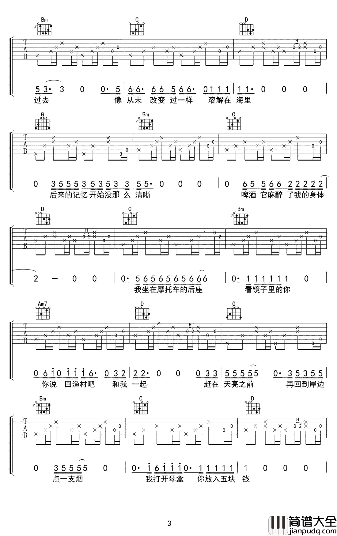 _姑娘,今夜我不想睡觉,只想睡你_吉他谱_风子_G调六线谱