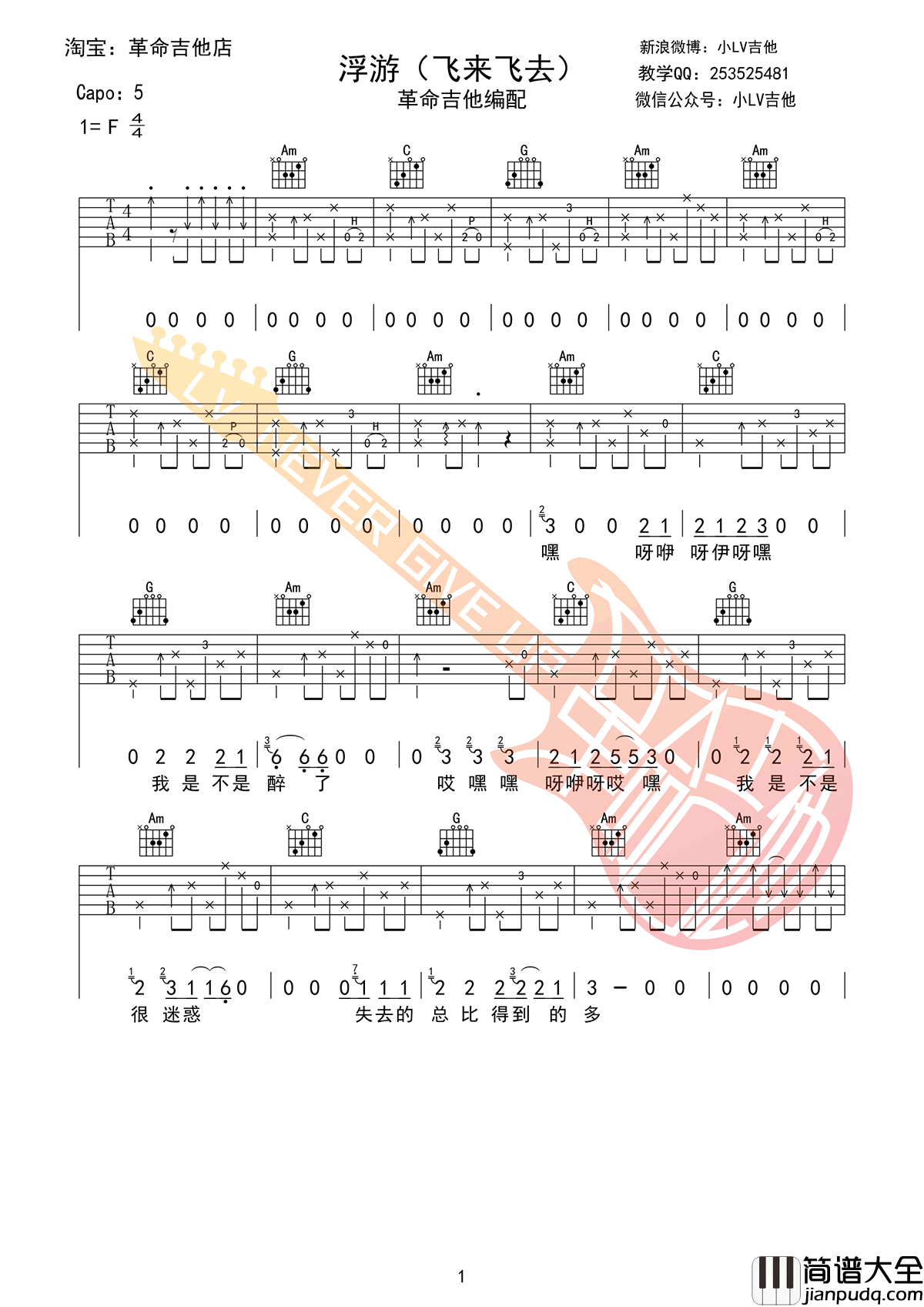 浮游吉他谱_赵雷_高清弹唱谱_飞来飞去六线谱