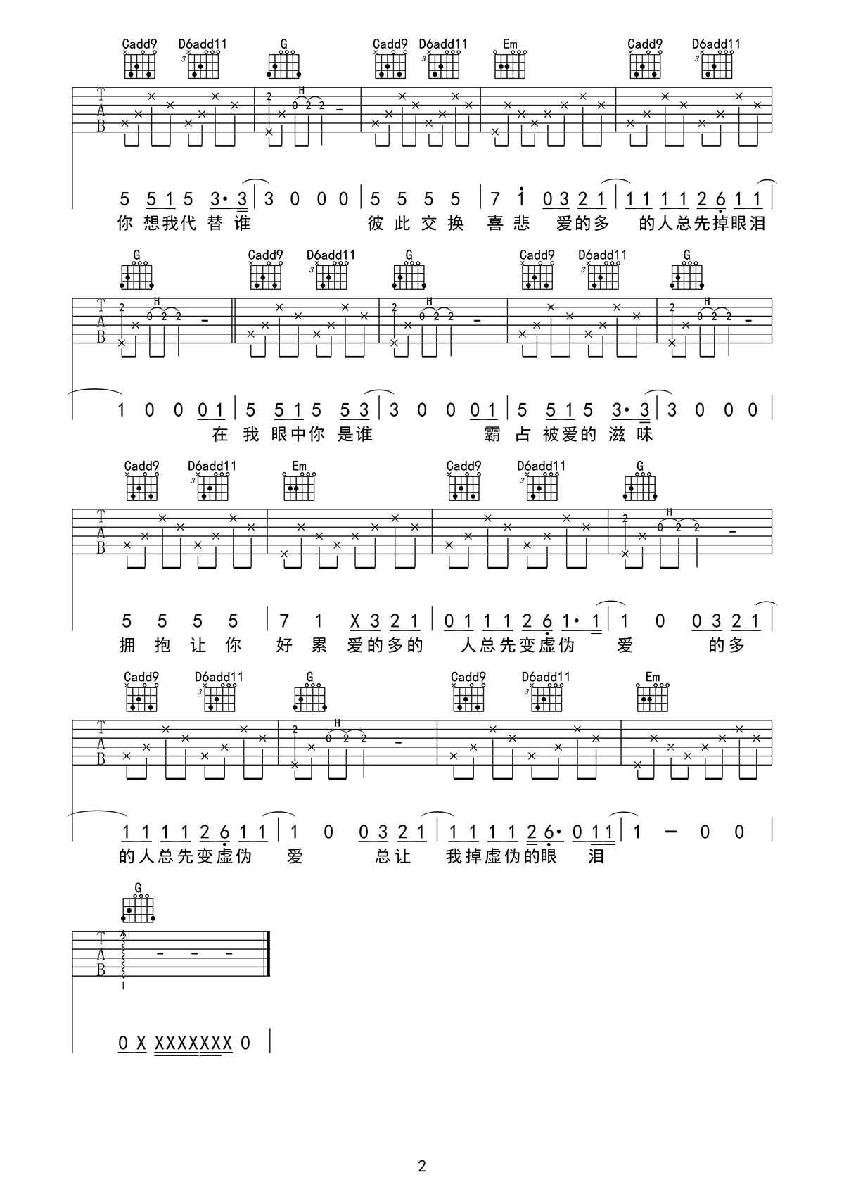 谁吉他谱_廖俊涛_G调弹唱谱_高清图片谱