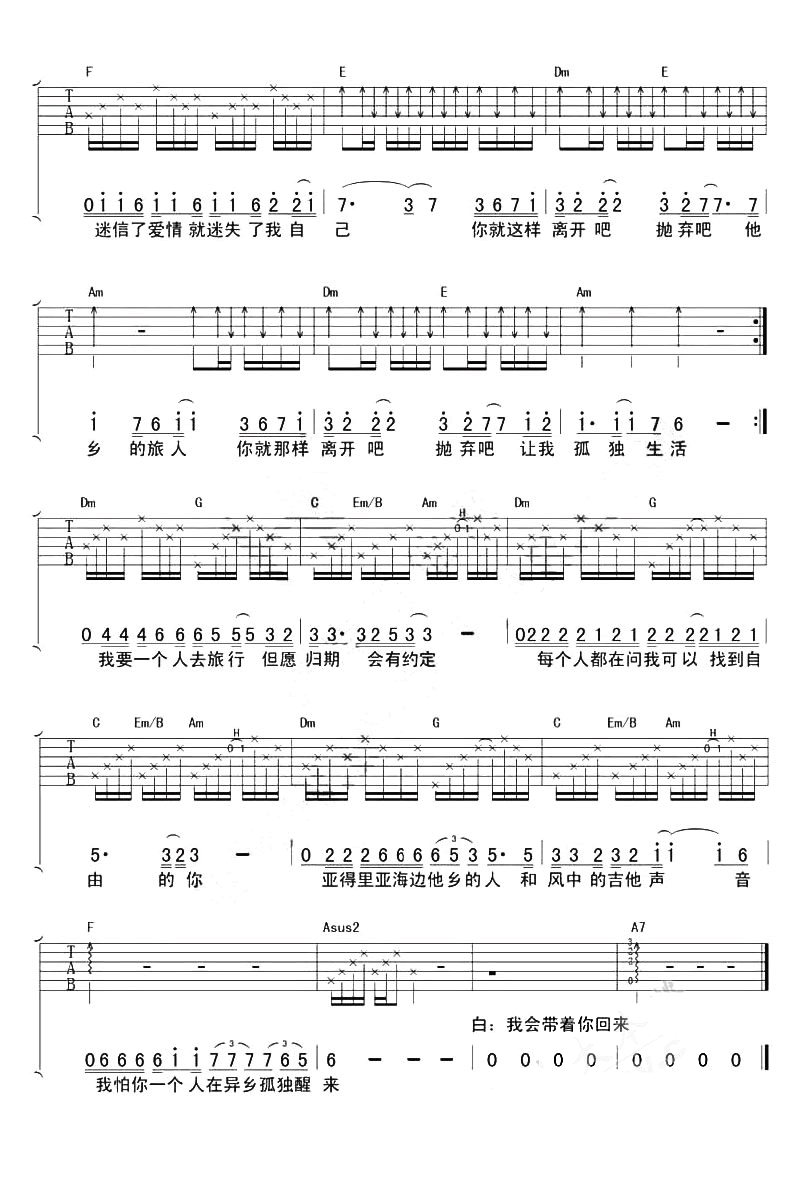 一个人去旅行吉他谱_陈升/钟立风_弹唱六线谱