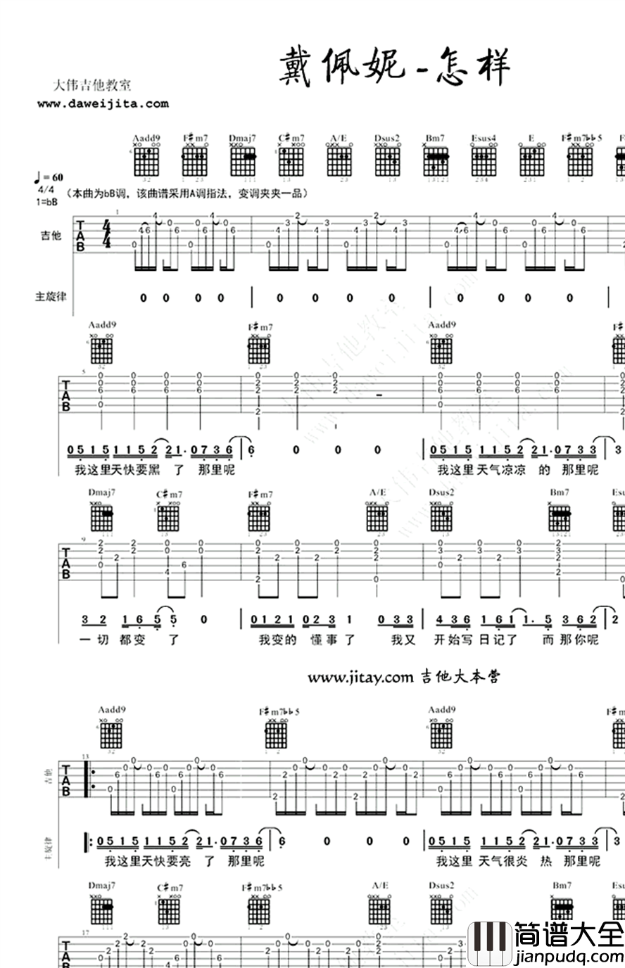 怎样吉他谱_A调弹唱谱_戴佩妮_怎样六线谱