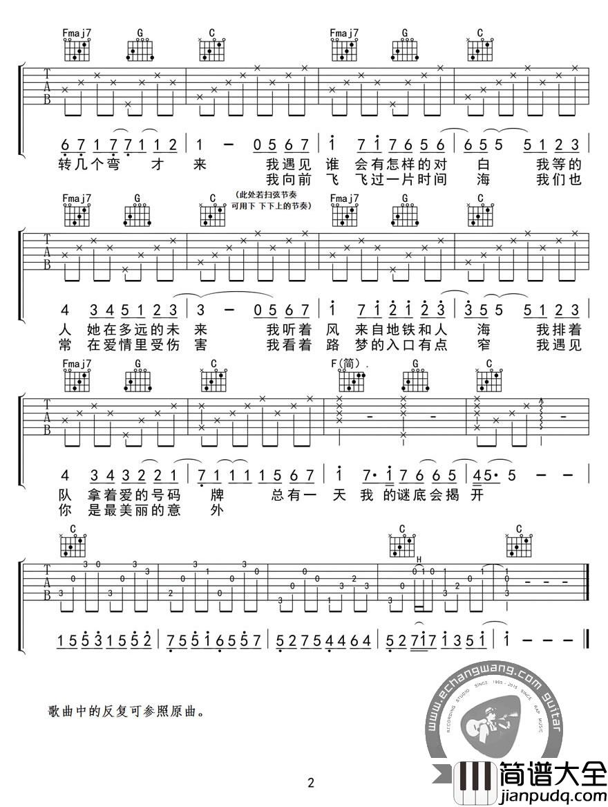 遇见吉他谱C调_孙燕姿_遇见_吉他谱男生版