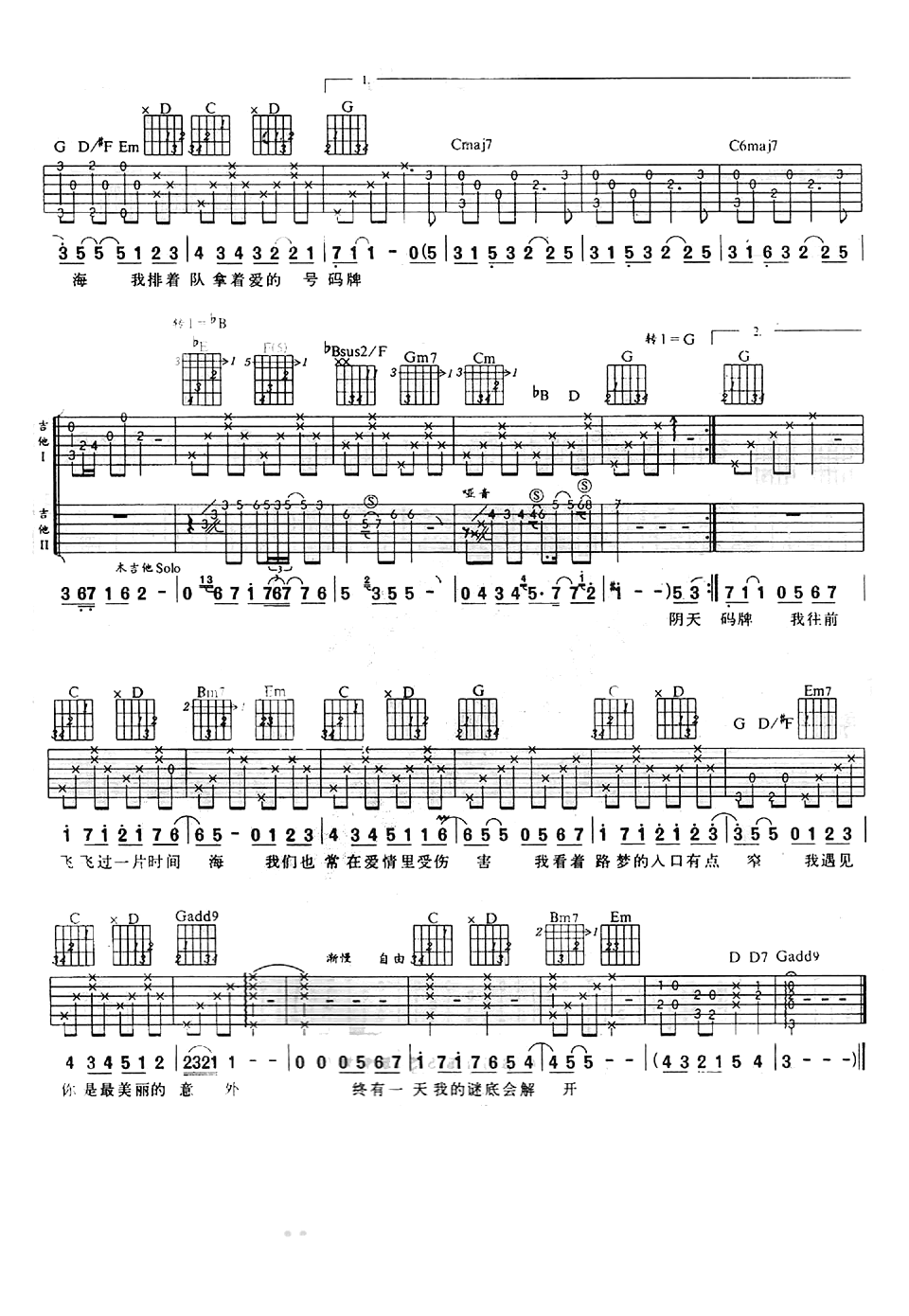 遇见吉他谱_孙燕姿_遇见六线谱(图片完整版)
