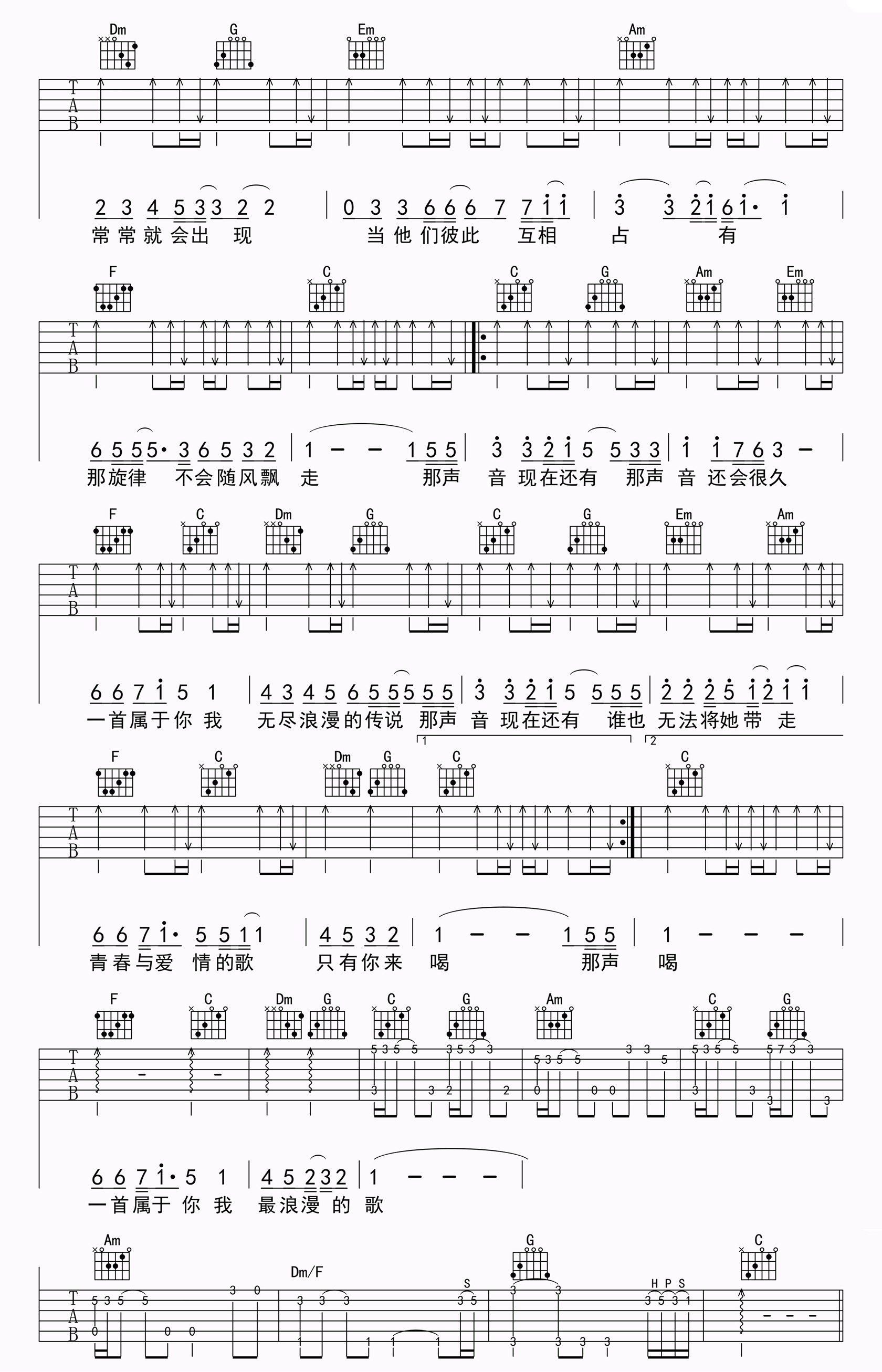 青春与爱情吉他谱_C调_伍佰_高清弹唱谱