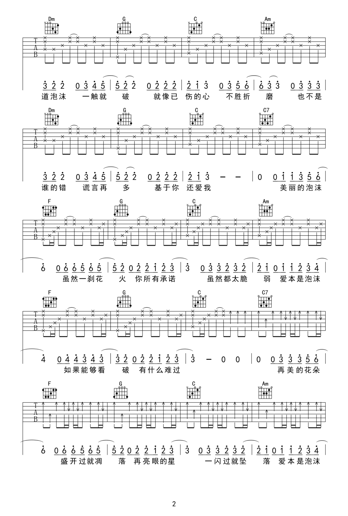 泡沫吉他谱_C调_邓紫棋_泡沫_弹唱六线谱