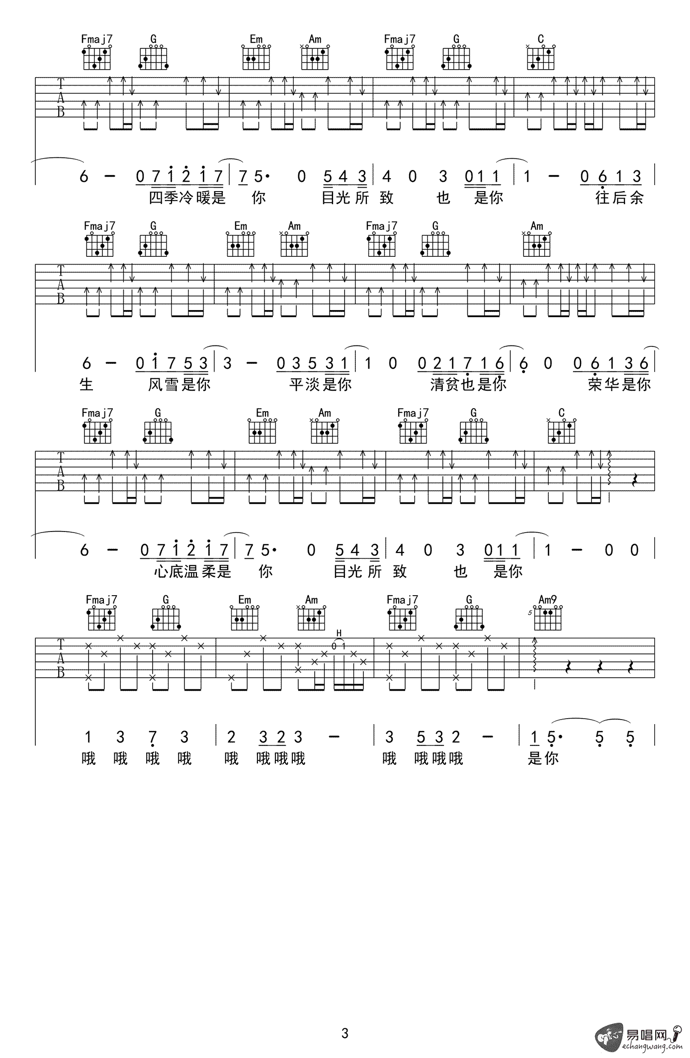 往后余生吉他谱C调_马良_原版弹唱谱_六线谱