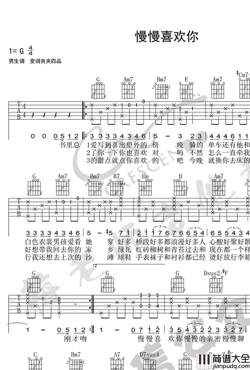慢慢喜欢你吉他谱_莫文蔚_G调弹唱谱_吉他视频示范