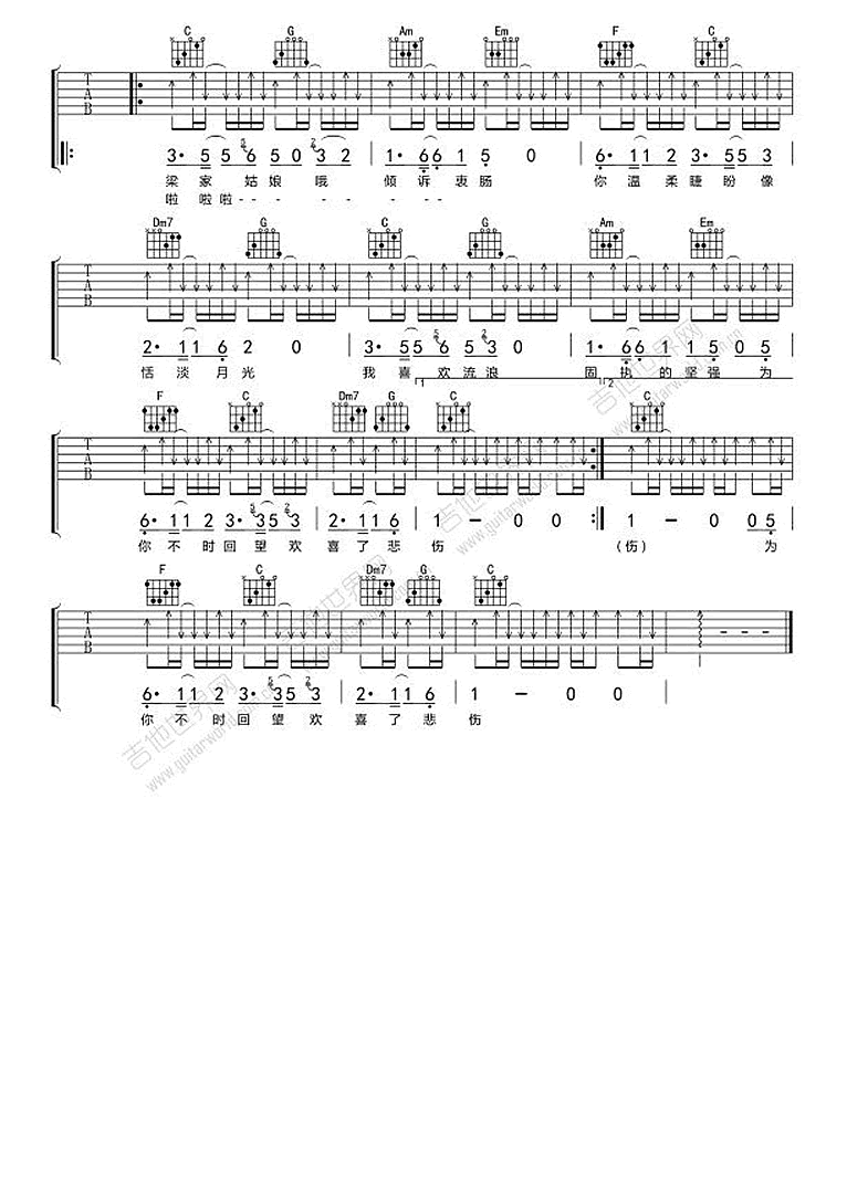 梁家姑娘吉他谱_烟把儿_C调弹唱谱__梁家姑娘_六线谱