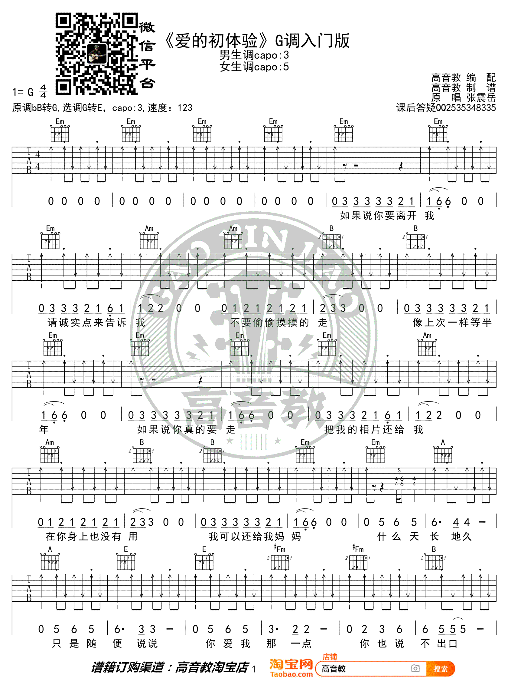 爱的初体验吉他谱_张震岳_G调热门版_简单弹唱谱