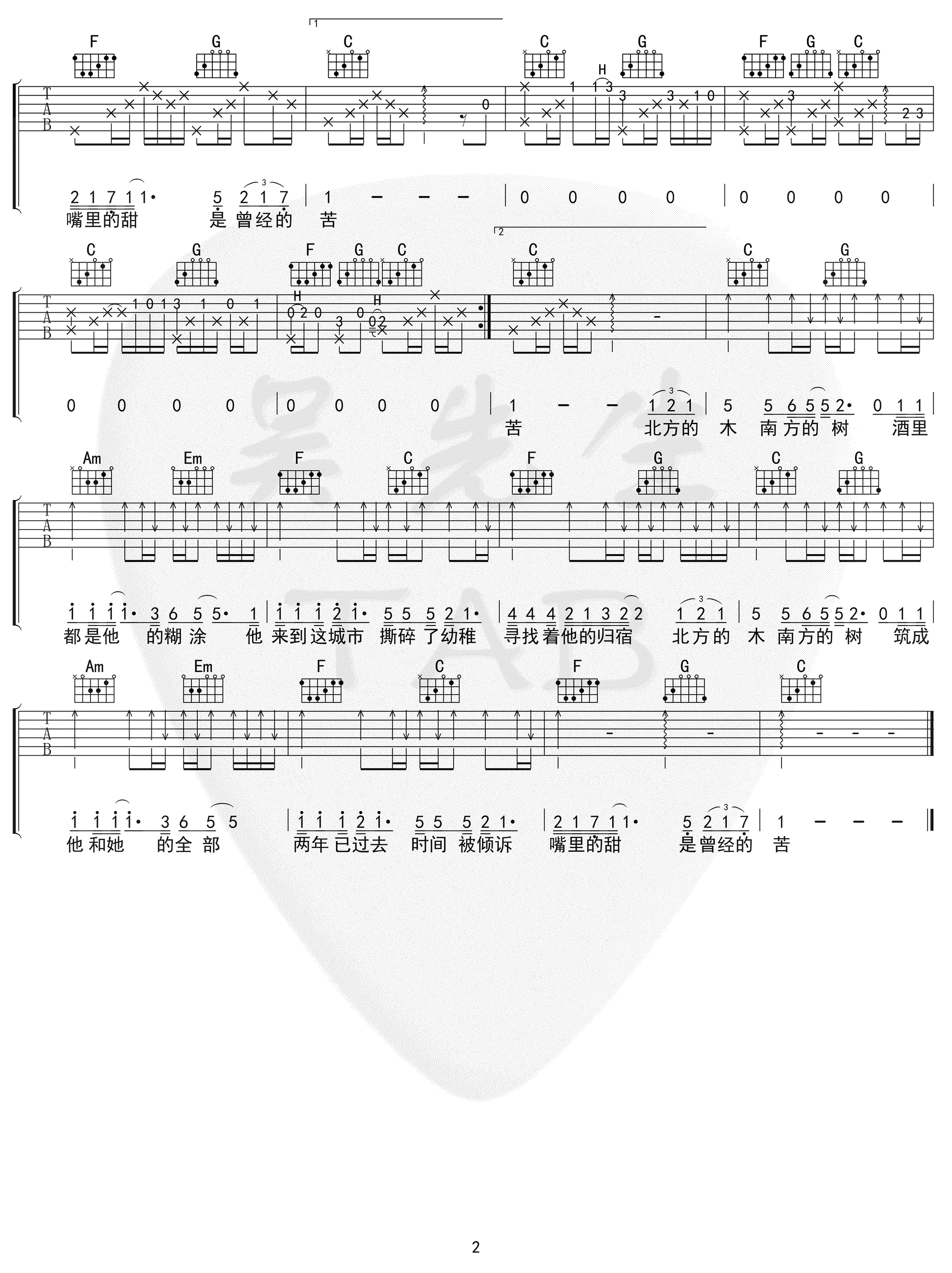 北木南吉他谱_小嘉玲_C调弹唱谱_高清版