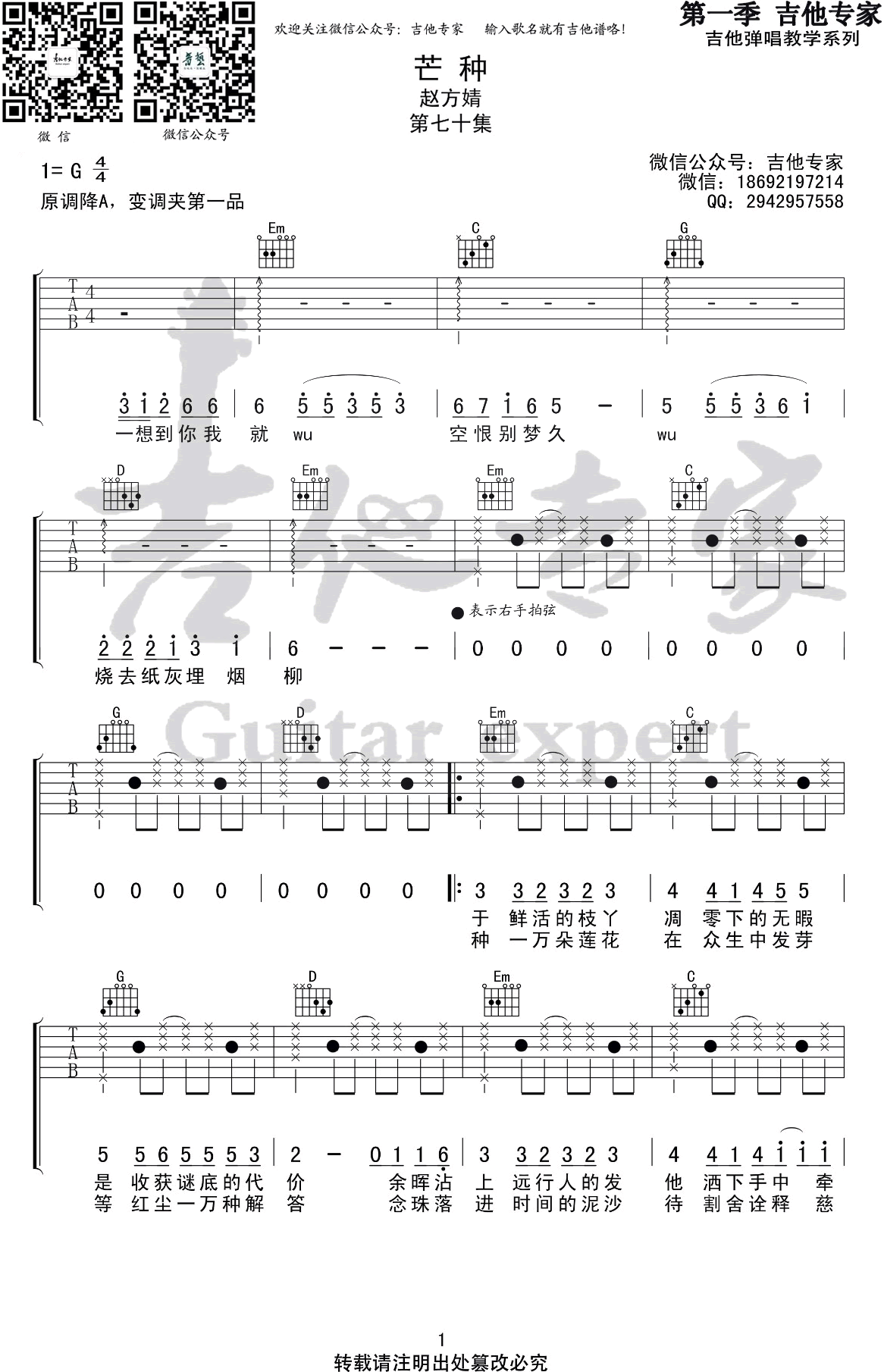 芒种吉他谱_赵方婧_G调六线谱_抖音热门歌曲