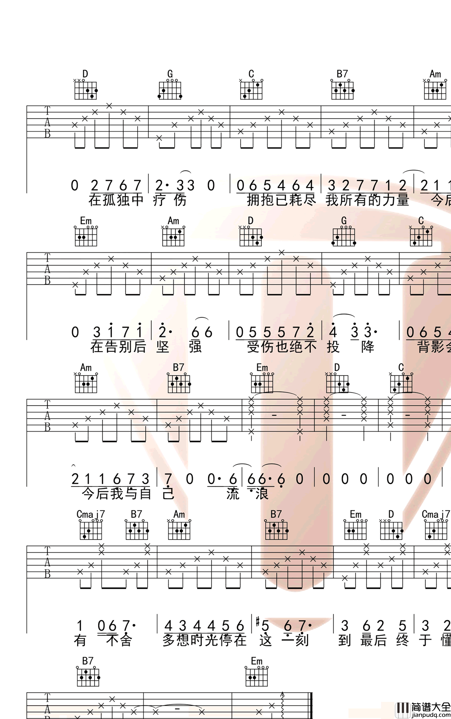 今后我与自己流浪吉他谱_张碧晨_G调原版_弹唱六线谱