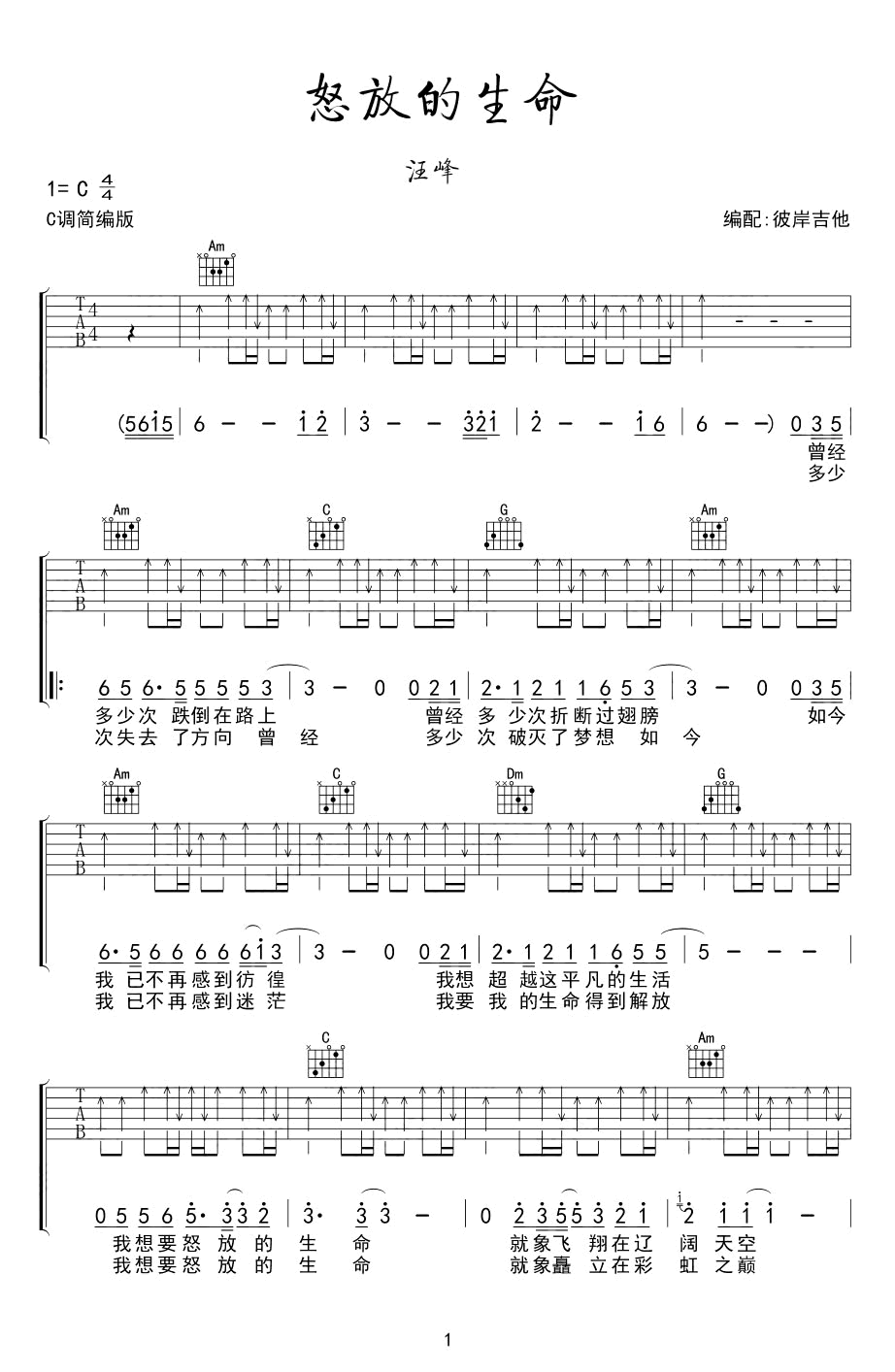 怒放的生命吉他谱_C调简单版_汪峰_弹唱谱