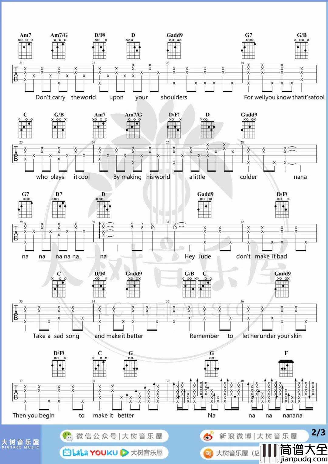 _Hey_Jude_吉他谱_孙燕姿_G调原版吉他谱_吉他弹唱教学