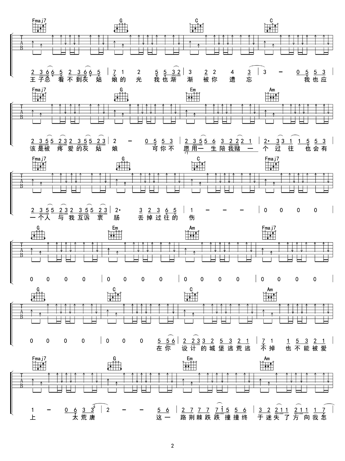 灰姑娘吉他谱_陈雪凝_灰姑娘_六线谱_C调弹唱谱