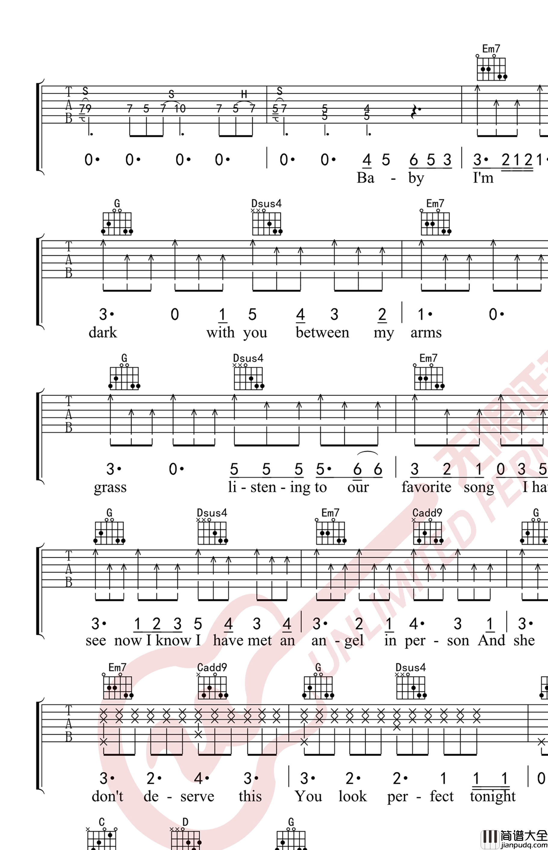 Perfect吉他谱_Ed_Sheeran_G调弹唱谱_高清完整版