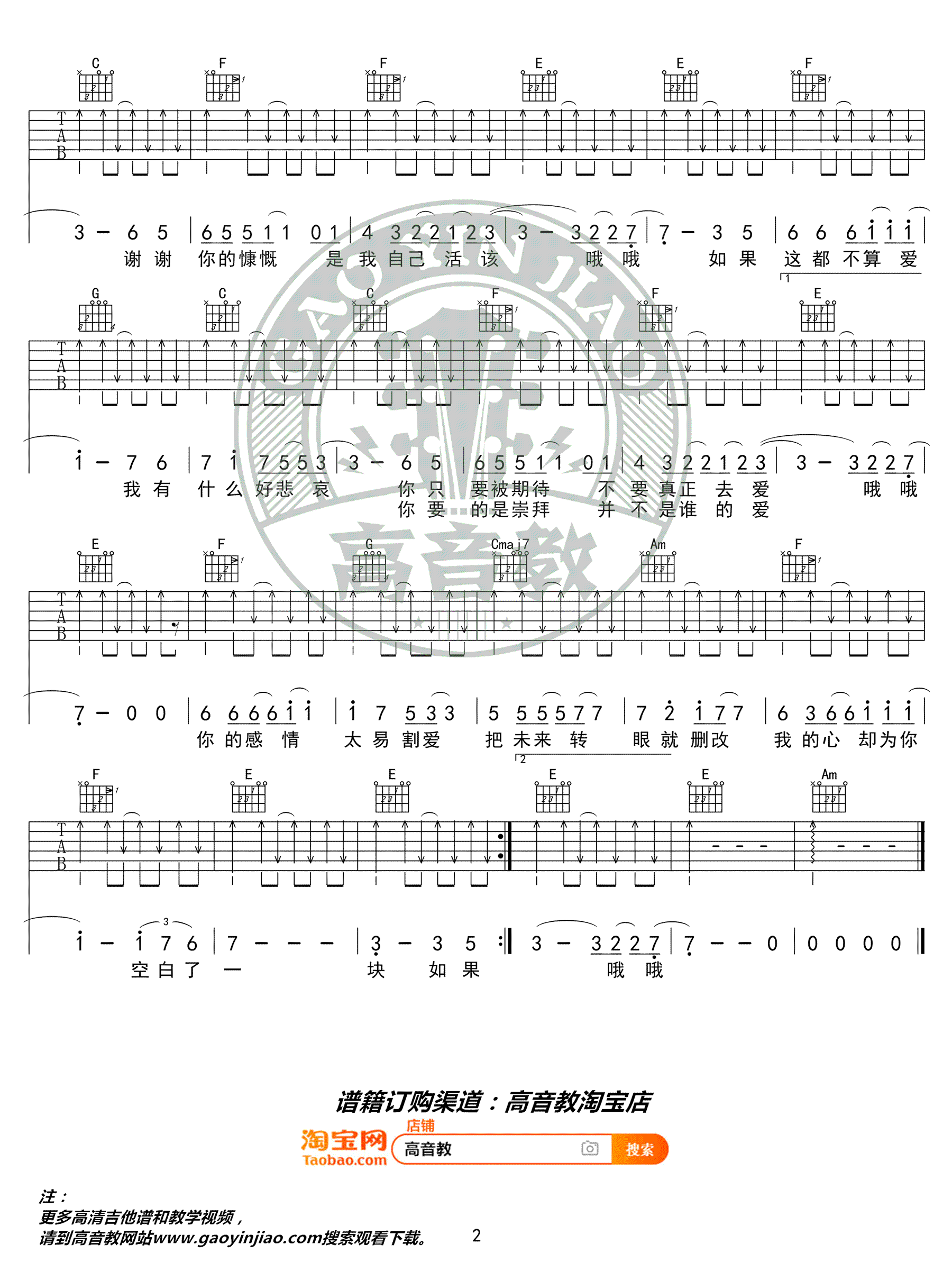 如果这都不算爱吉他谱_张学友_C调简单版_图片谱