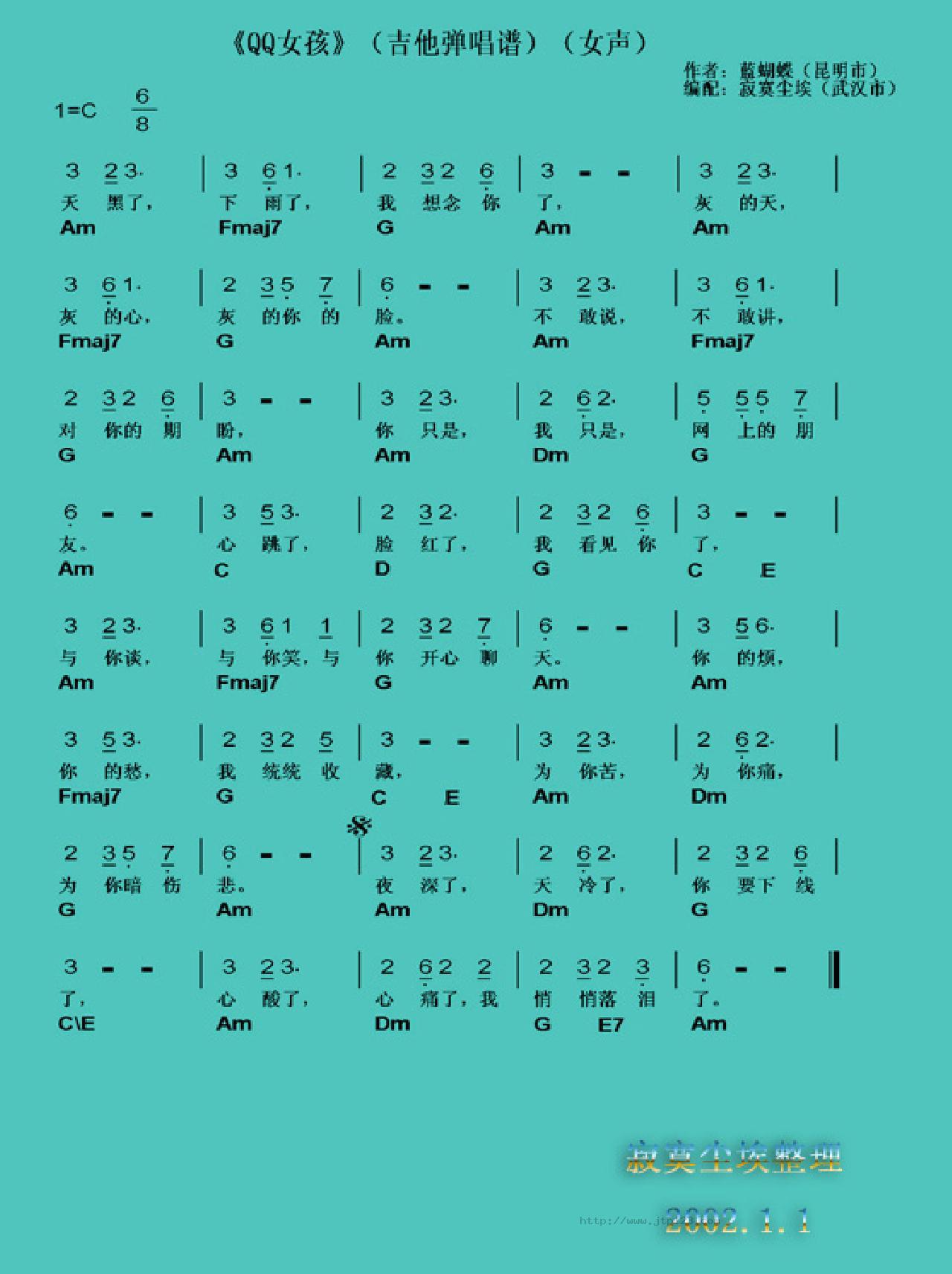 QQ女孩吉他谱_佚名_D调和弦弹唱谱_图谱1