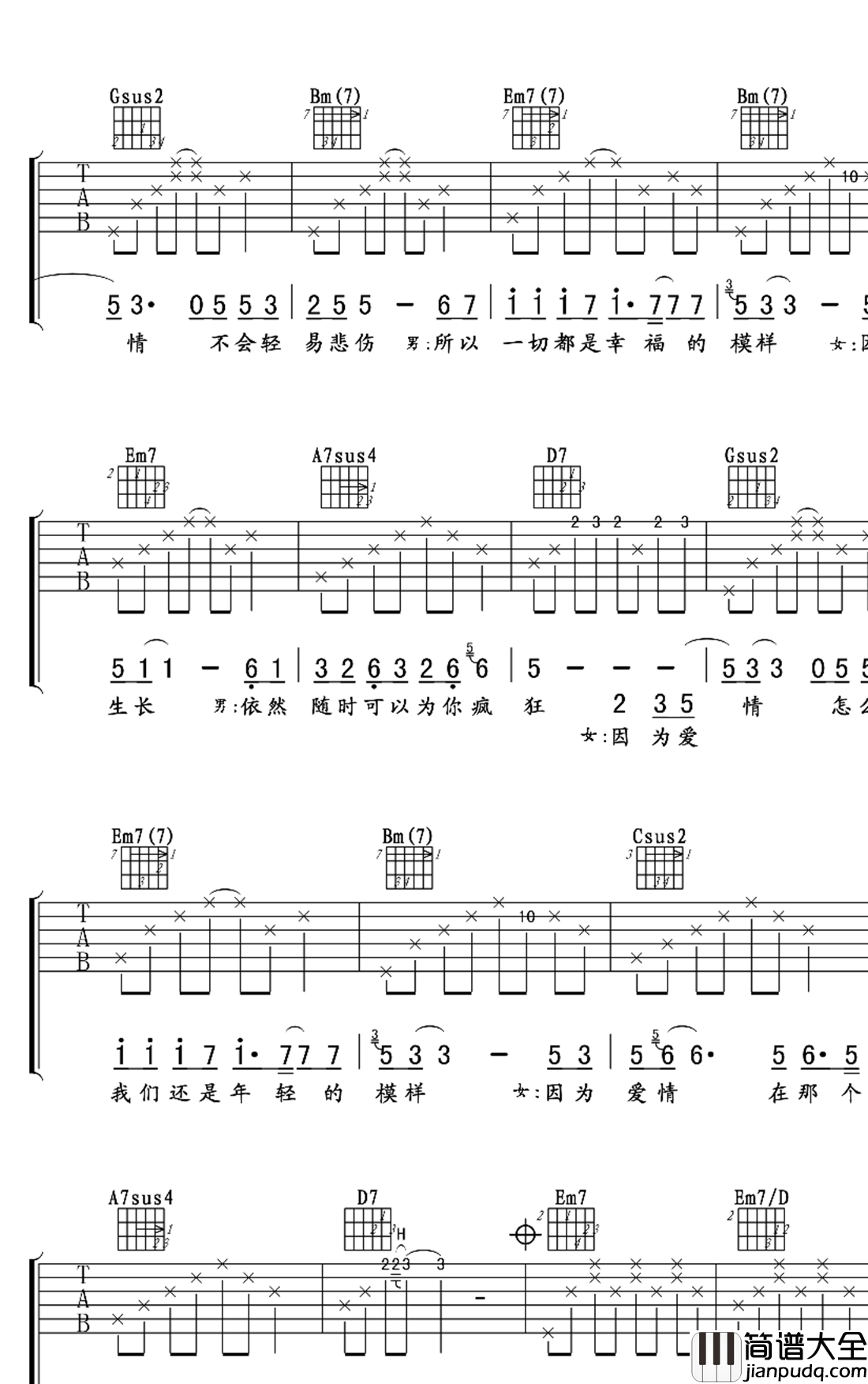 因为爱情吉他谱_王菲/陈奕迅_G调指法_完美版