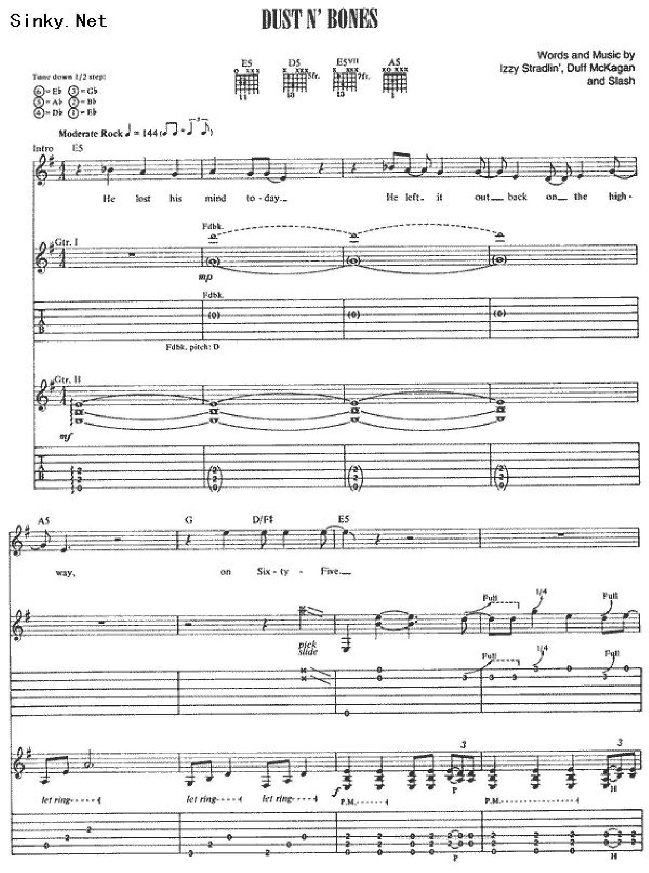 dustn‘bones吉他谱_GunsNRoses_C调和弦弹唱谱_图谱1