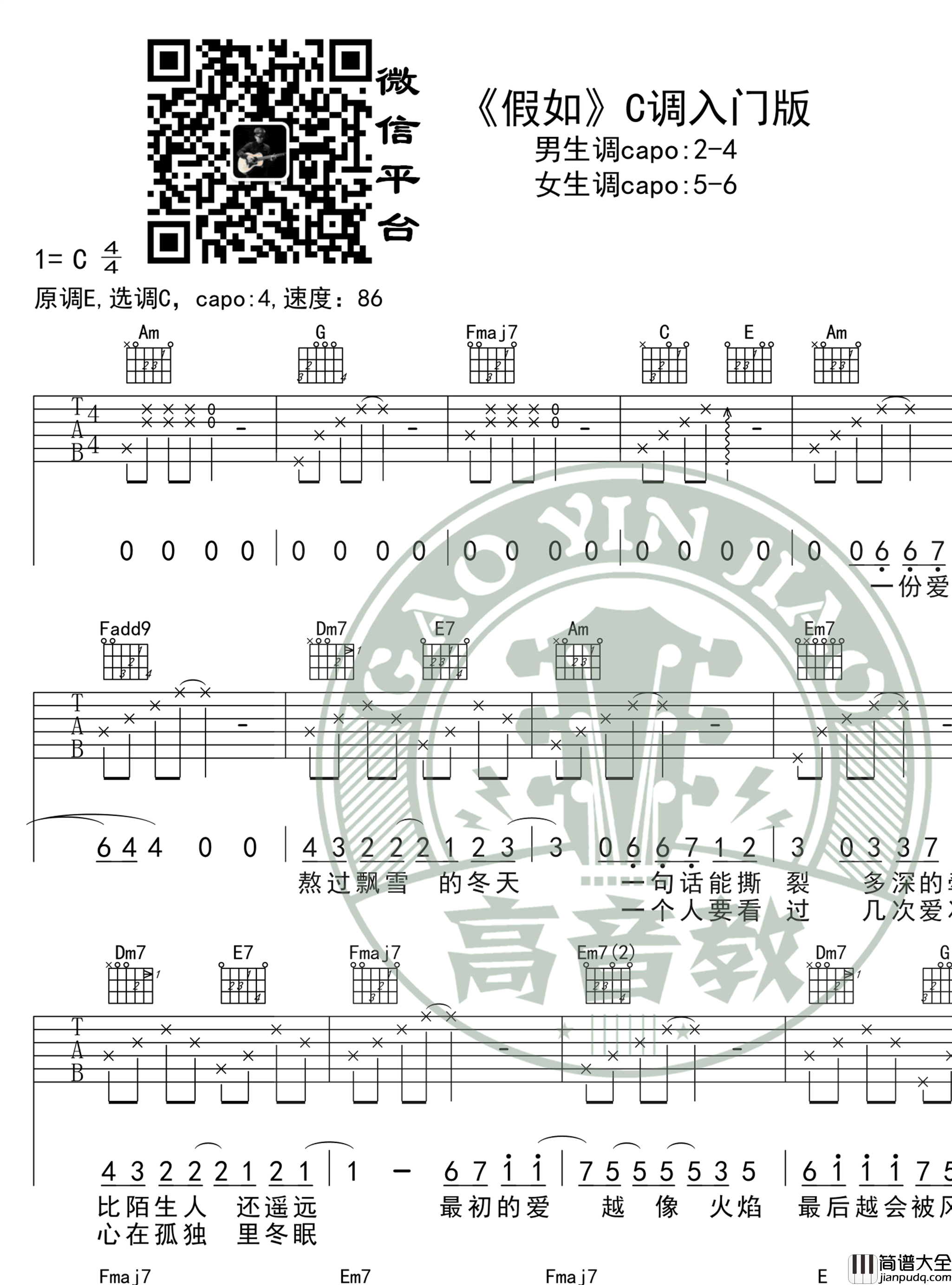 信乐团_假如_吉他谱_C调简单版_入门弹唱谱