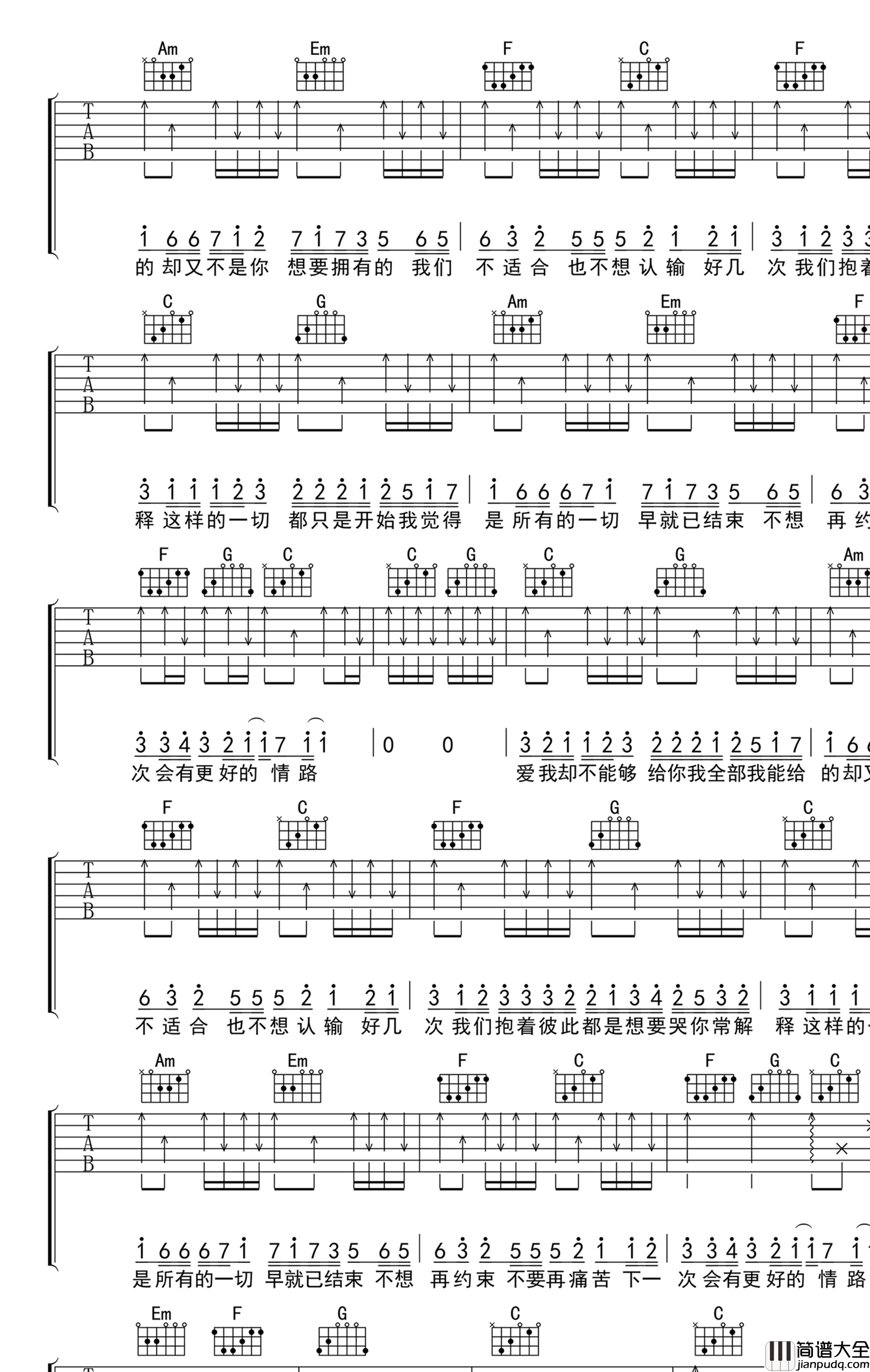 最近吉他谱_王小帅_C调弹唱谱_高清图片谱