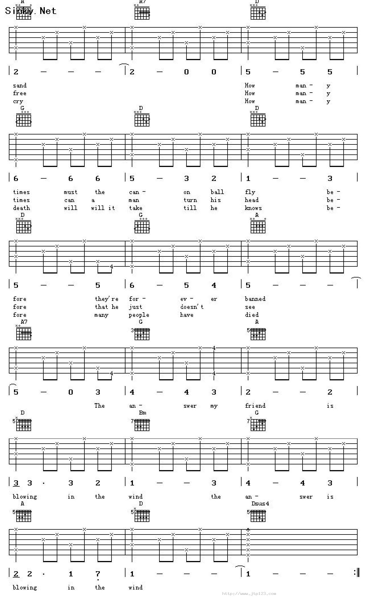 blowninthewind吉他谱_BobDylan_D调和弦弹唱谱_随风而去_图谱2