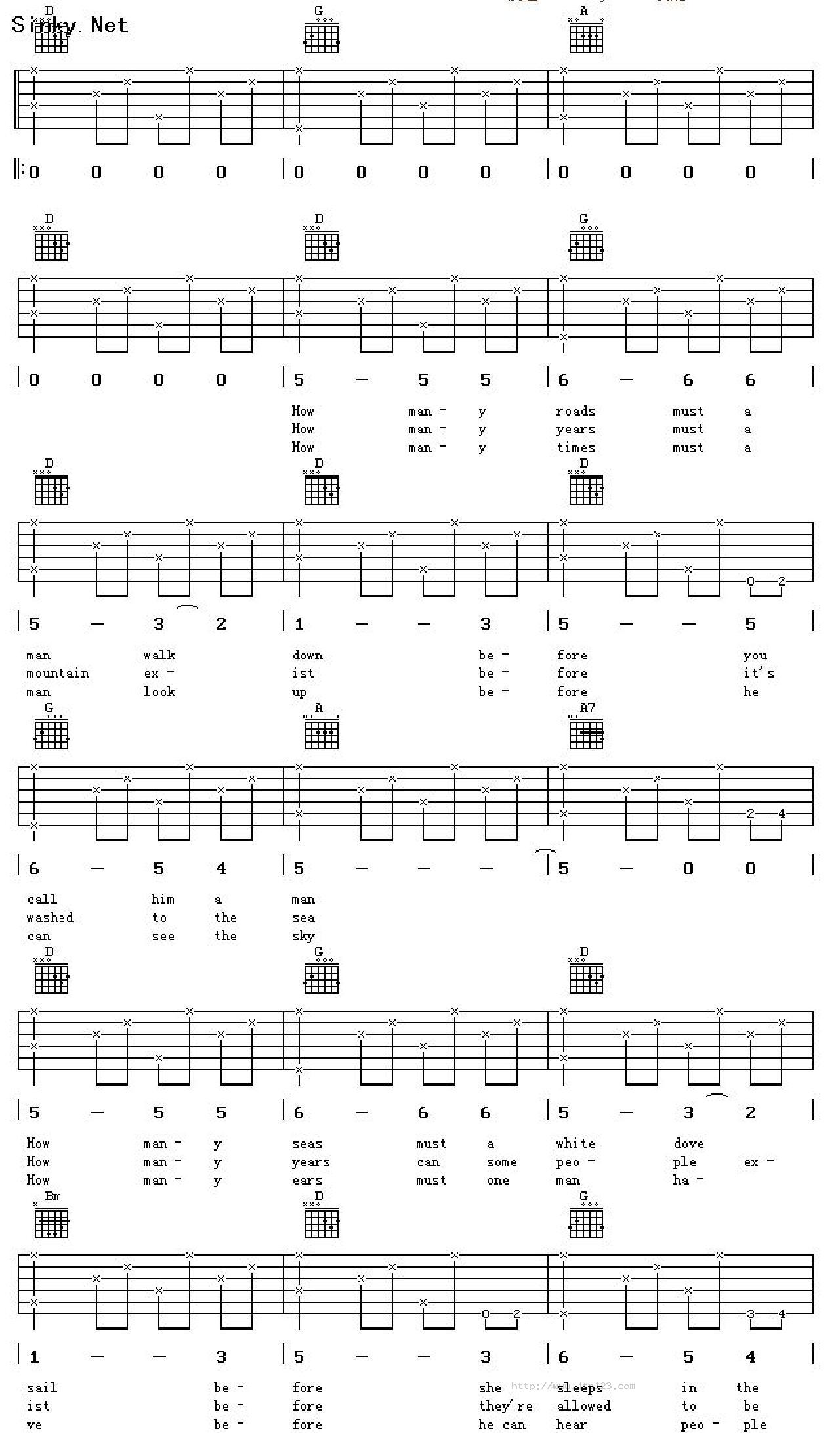 blowninthewind吉他谱_BobDylan_D调和弦弹唱谱_随风而去_图谱1