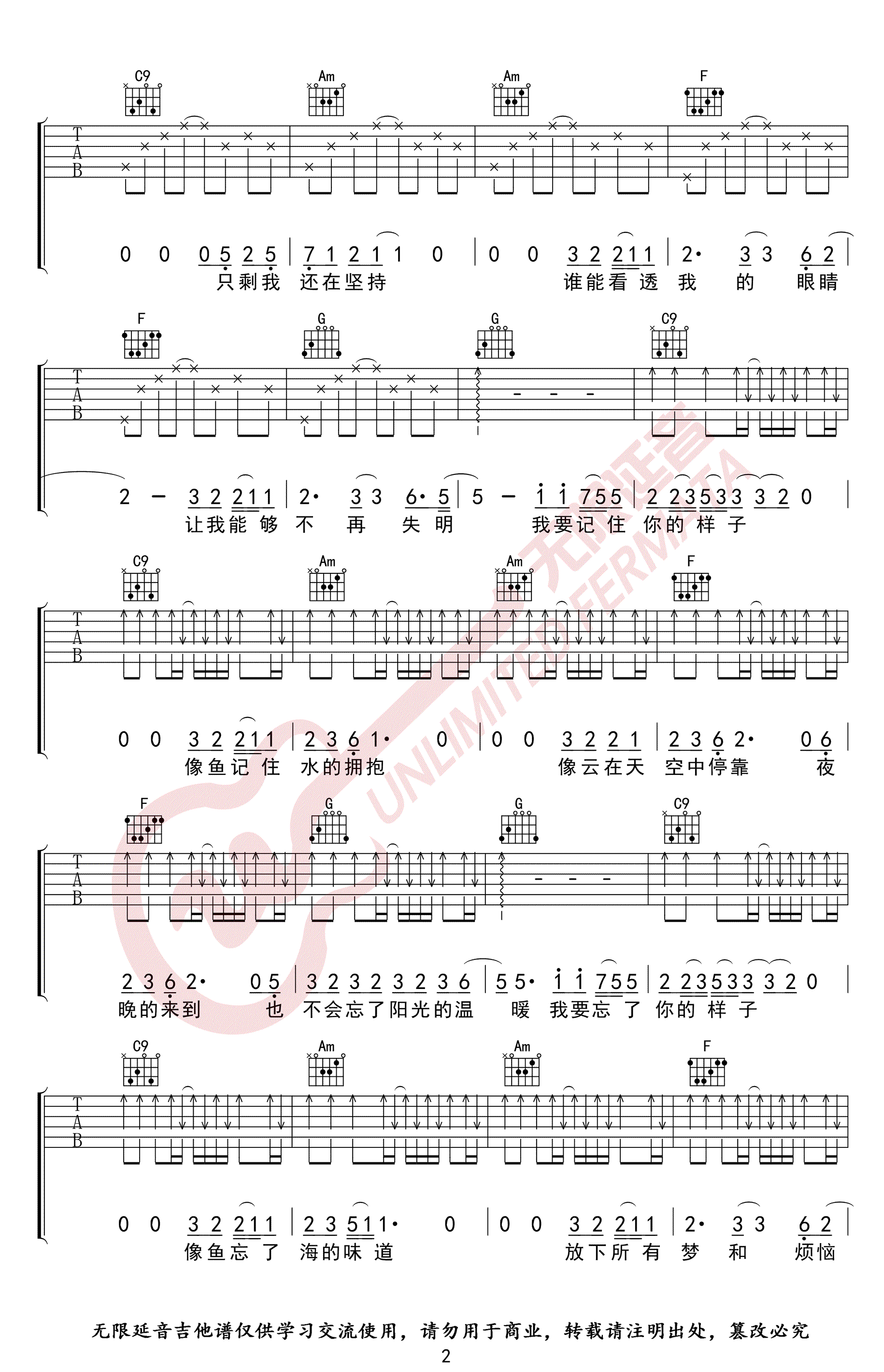 王贰浪_像鱼_吉他谱_C调弹唱谱_高清版