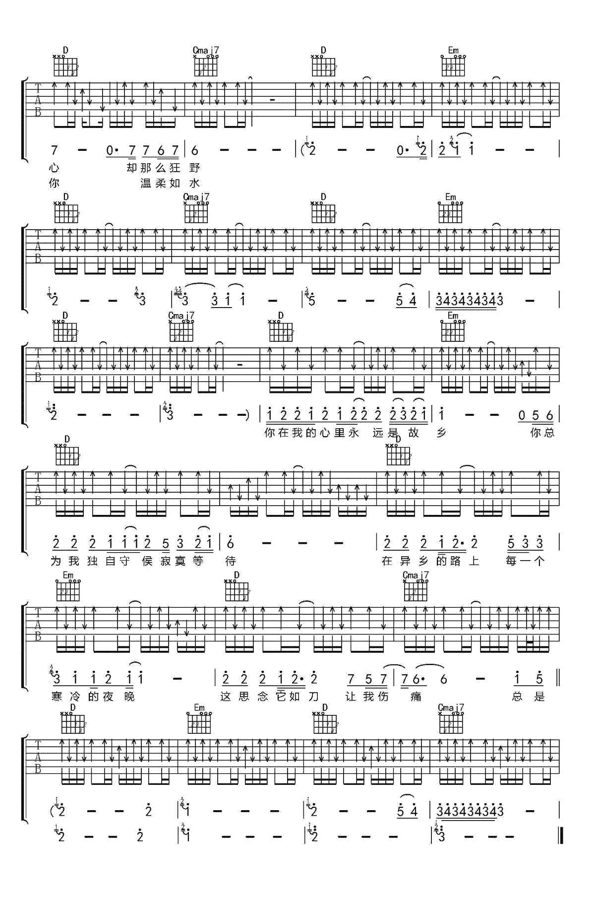 故乡指弹吉他谱+弹唱谱_许巍_吉他指弹独奏视频