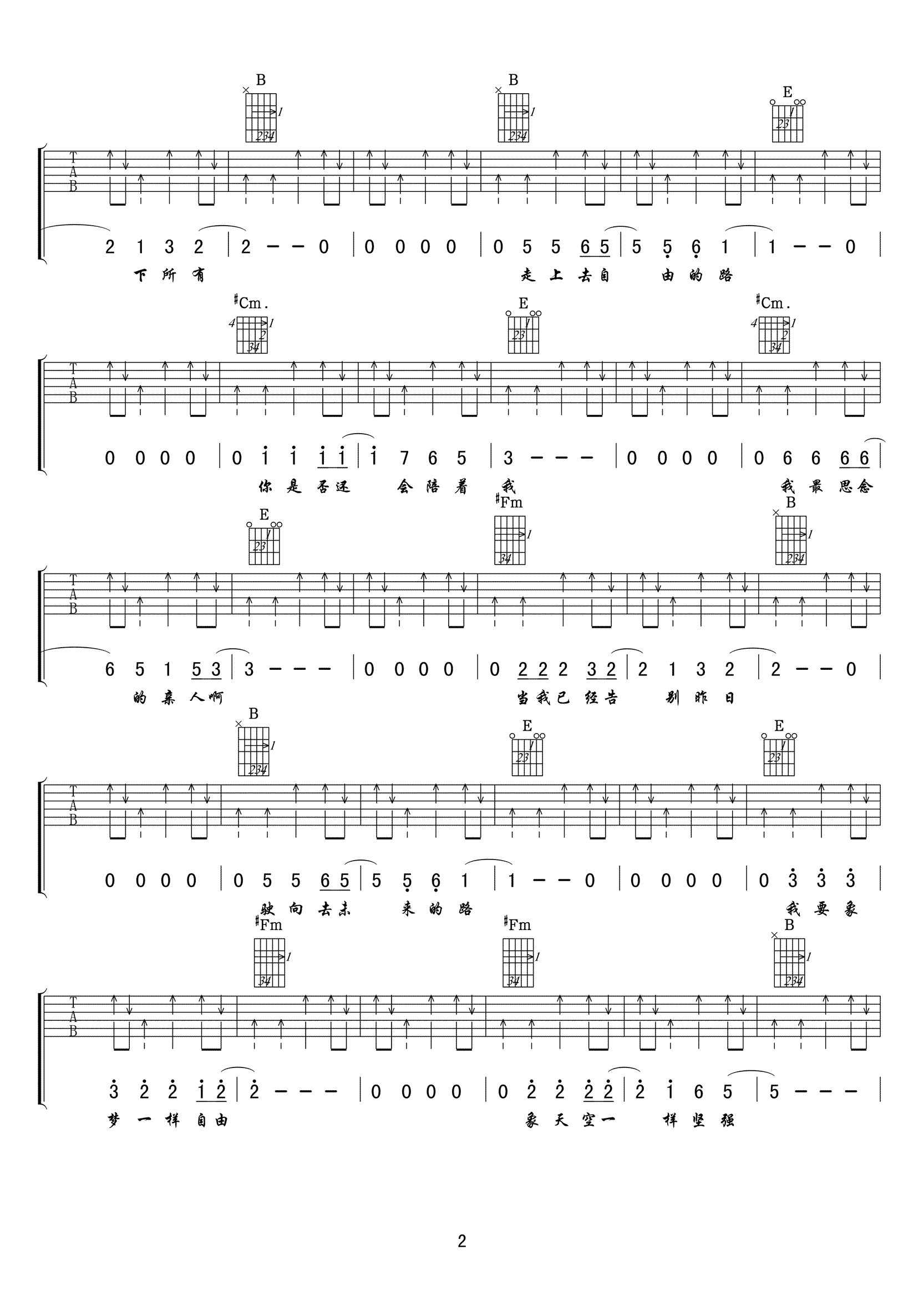 像梦一样自由吉他谱_汪峰_E调_弹唱图片谱
